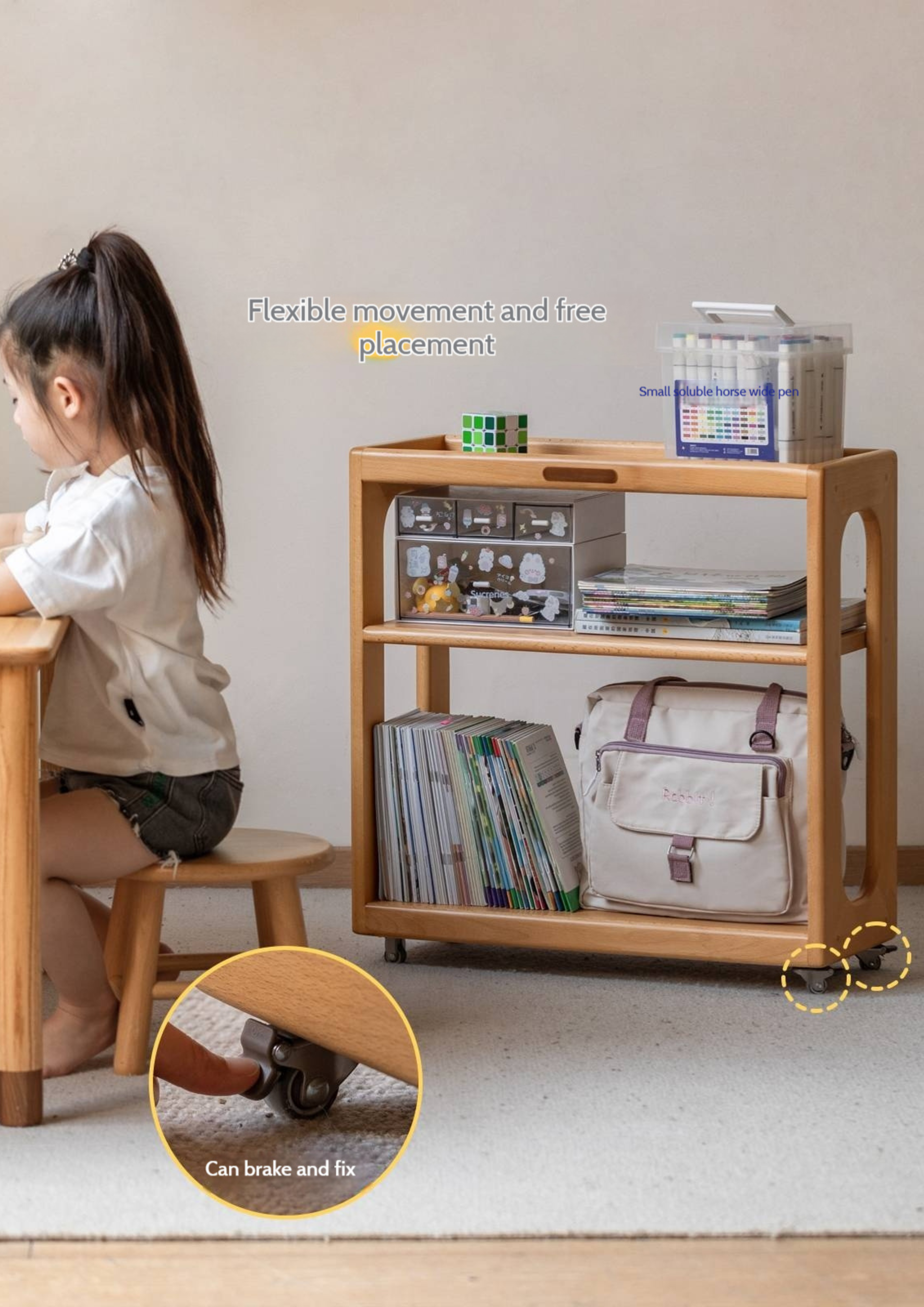 Beech Solid Wood Movable Children's Montessori Under-Table Bookshelf with Wheels