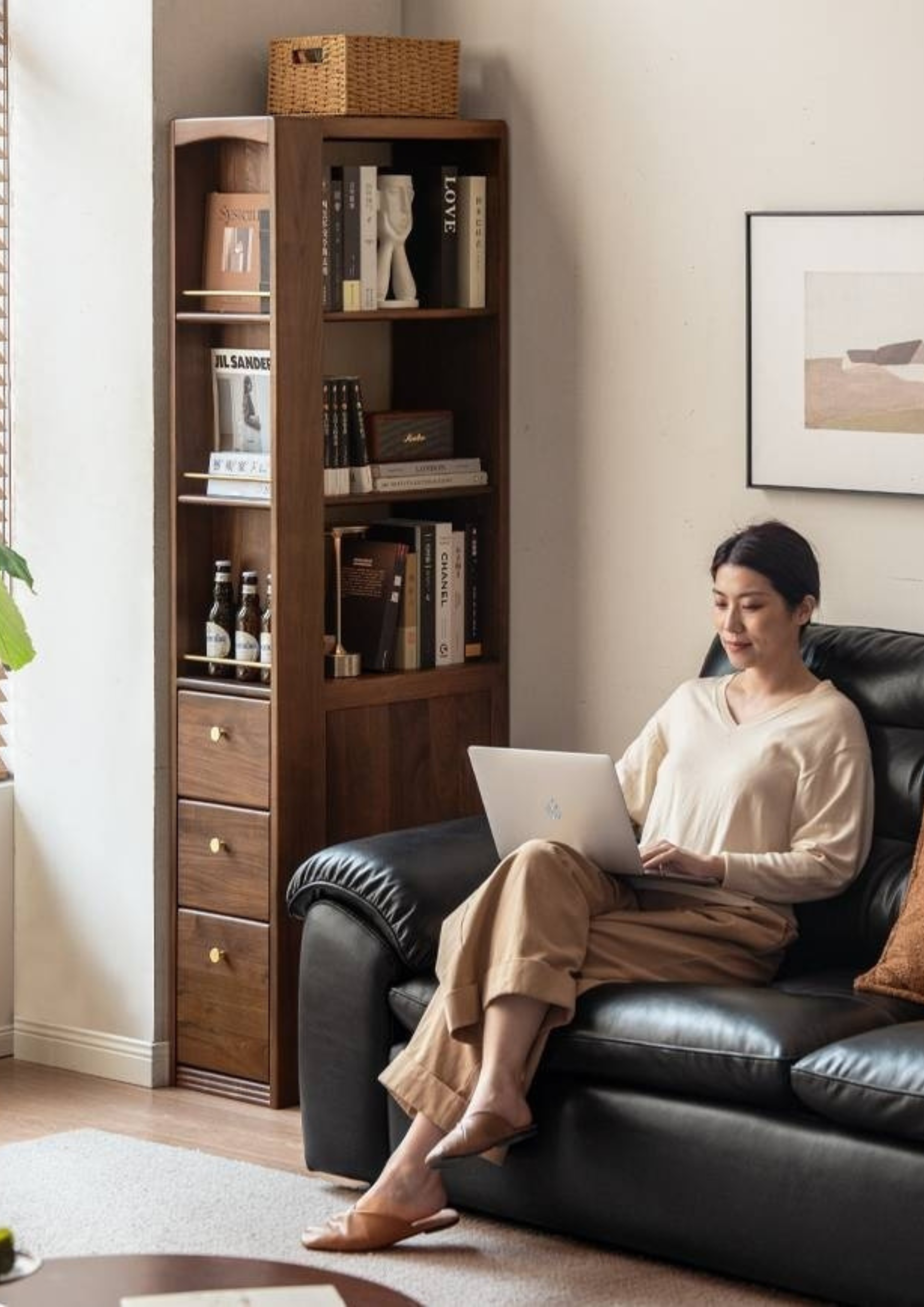 Black Walnut, Oak Solid Wood Narrow Bookcase
