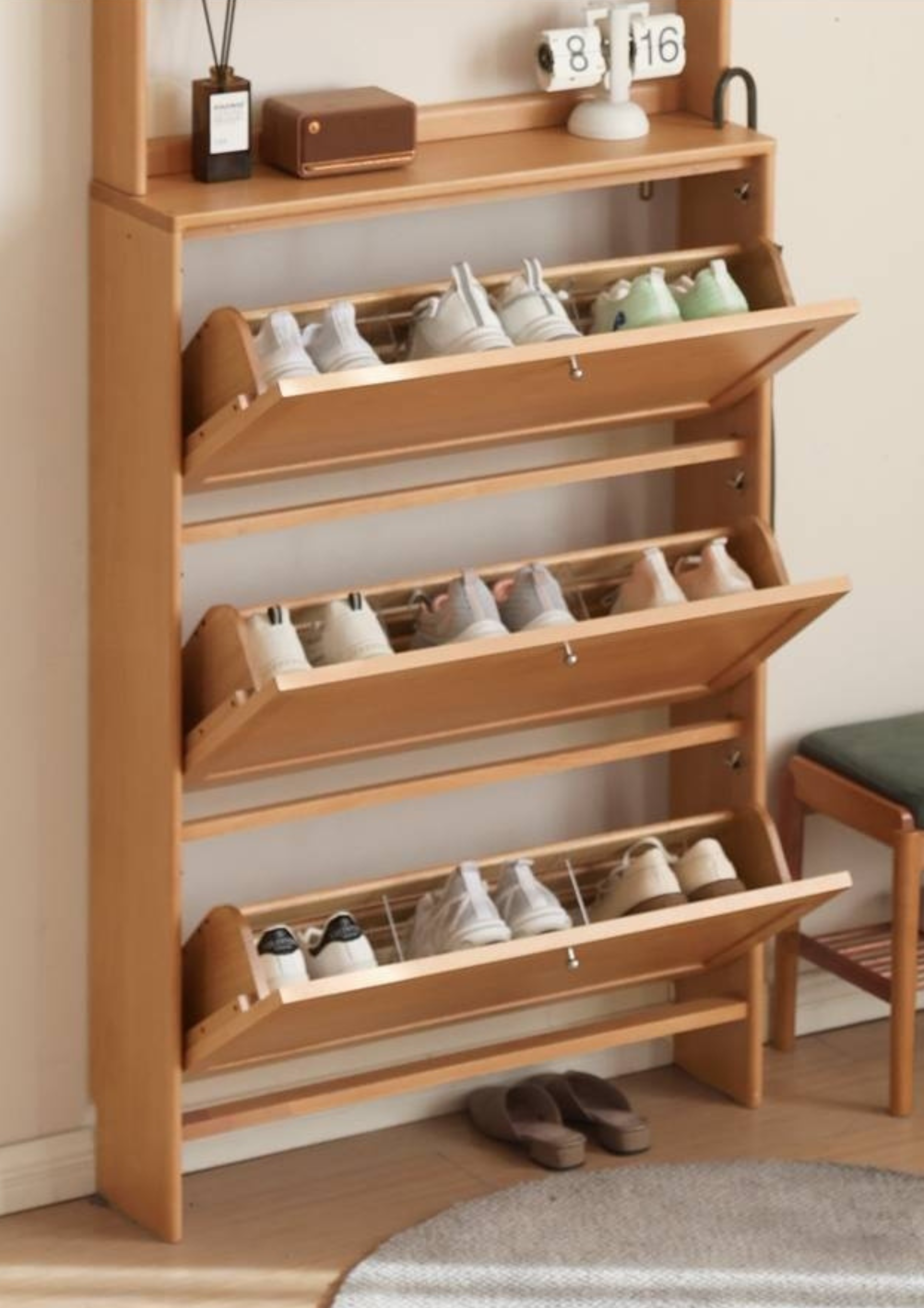 Beech Solid Wood Ultra-Thin Flip Bucket Shoe Cabinet