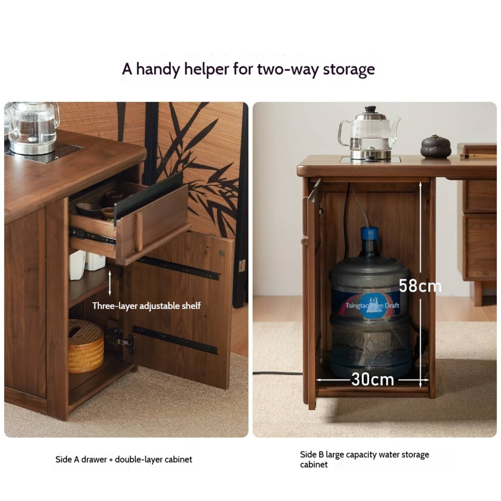 Black Walnut Solid Wood Rectangular Tea Table with Tea Tray