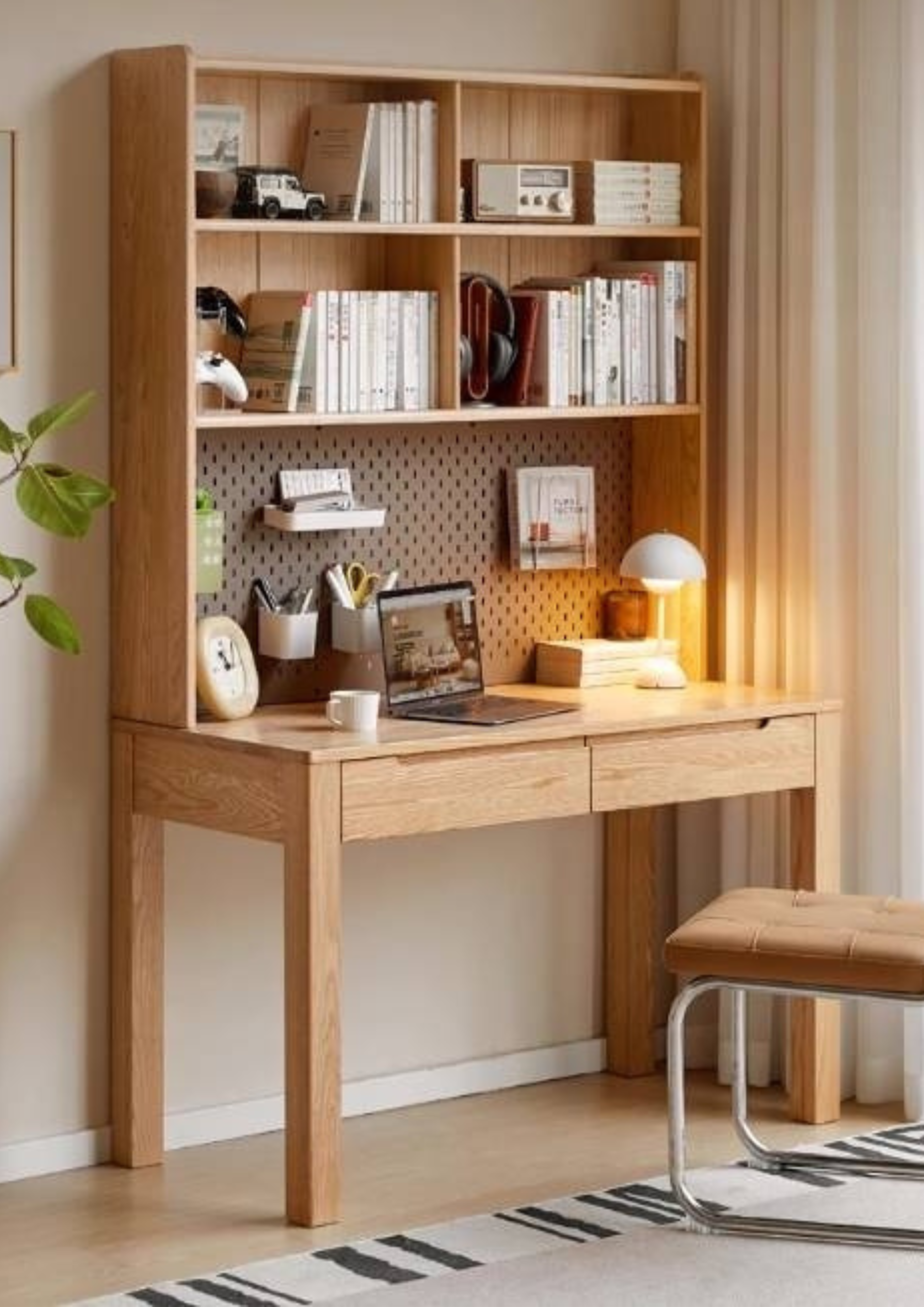 Oak Solid Wood Office Desk and Bookshelf Integrated