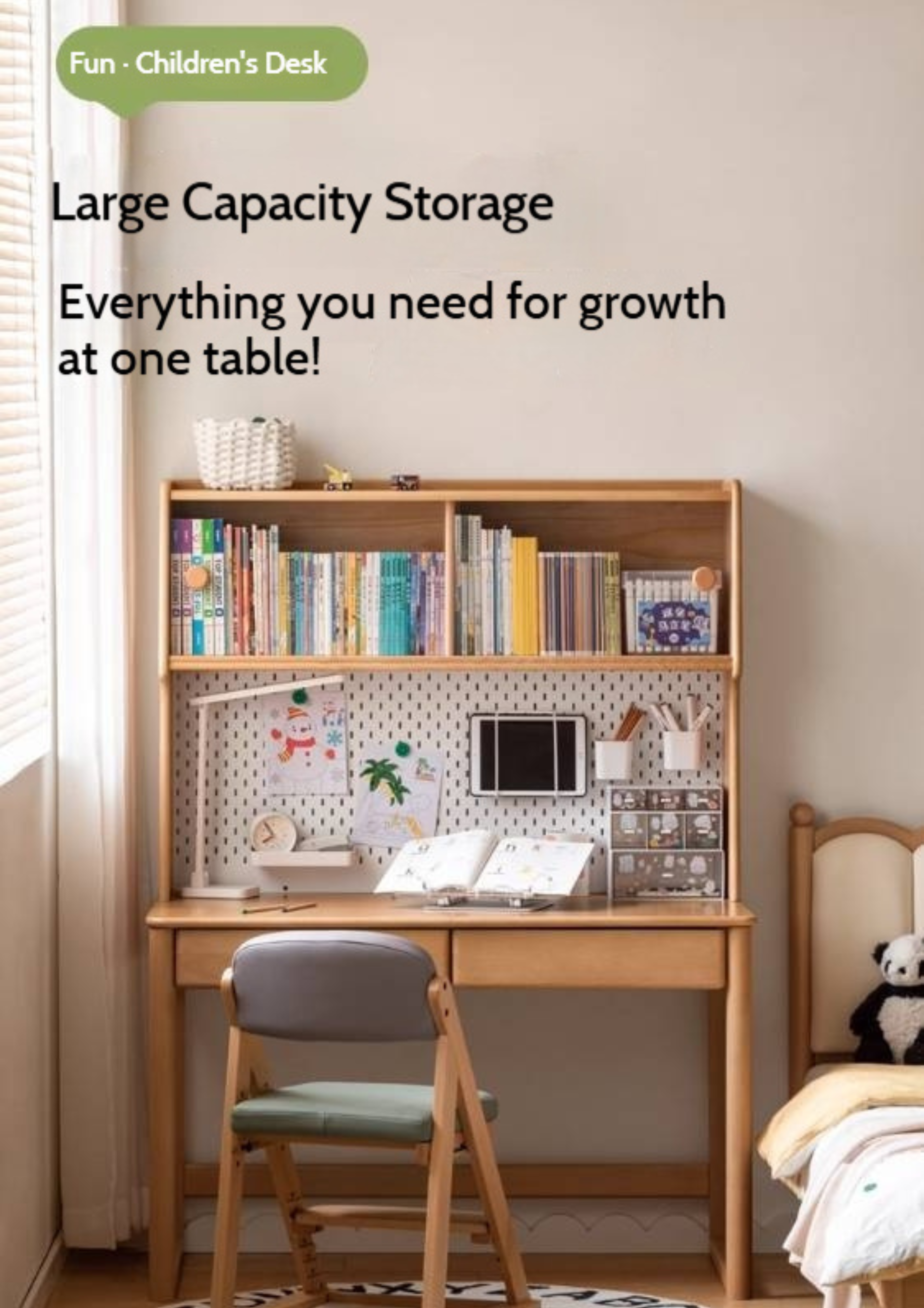 Beech Solid Wood Children's Study Desk Bookshelf Integrated