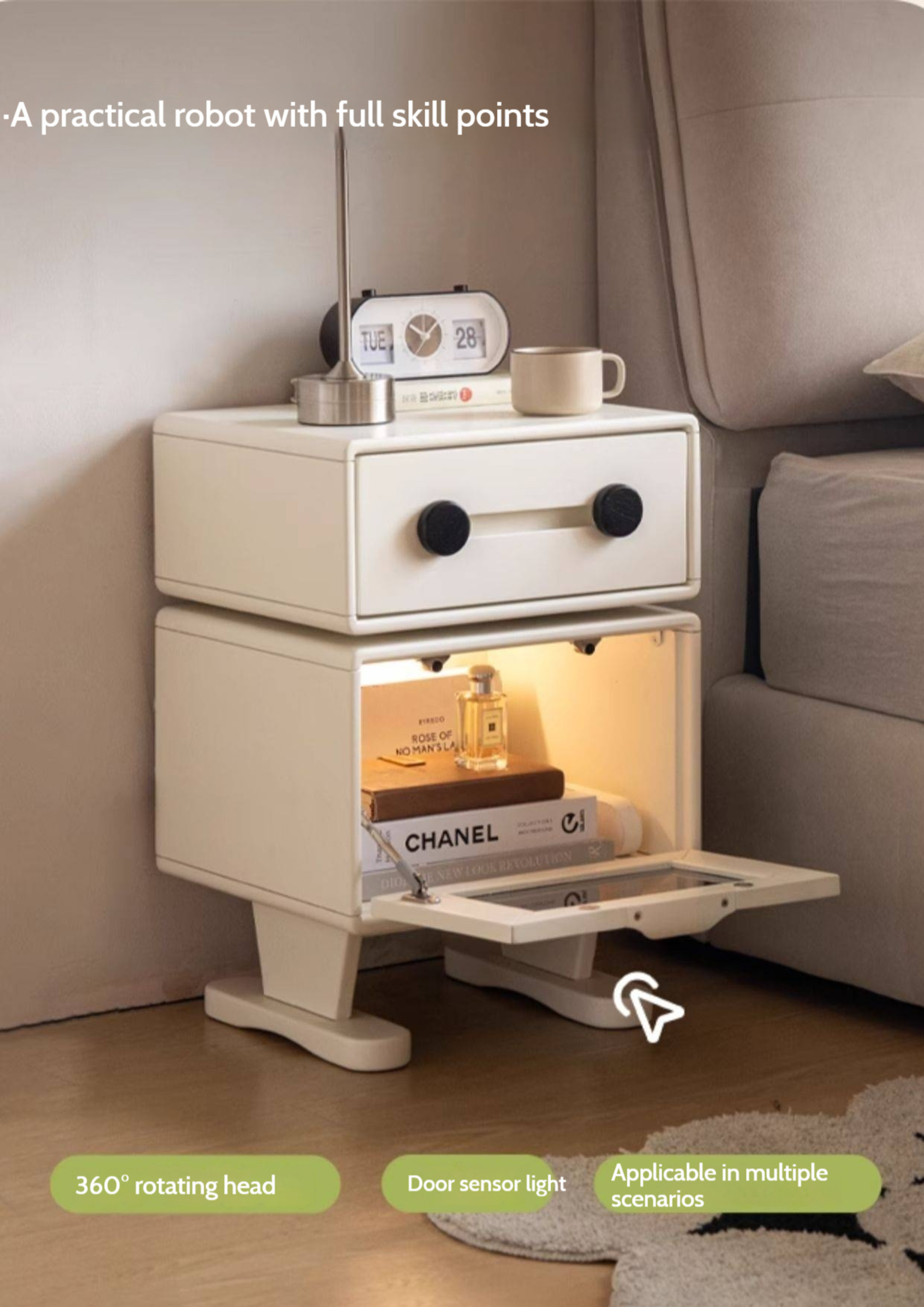 Beech Solid Wood White Cream Style Nightstand