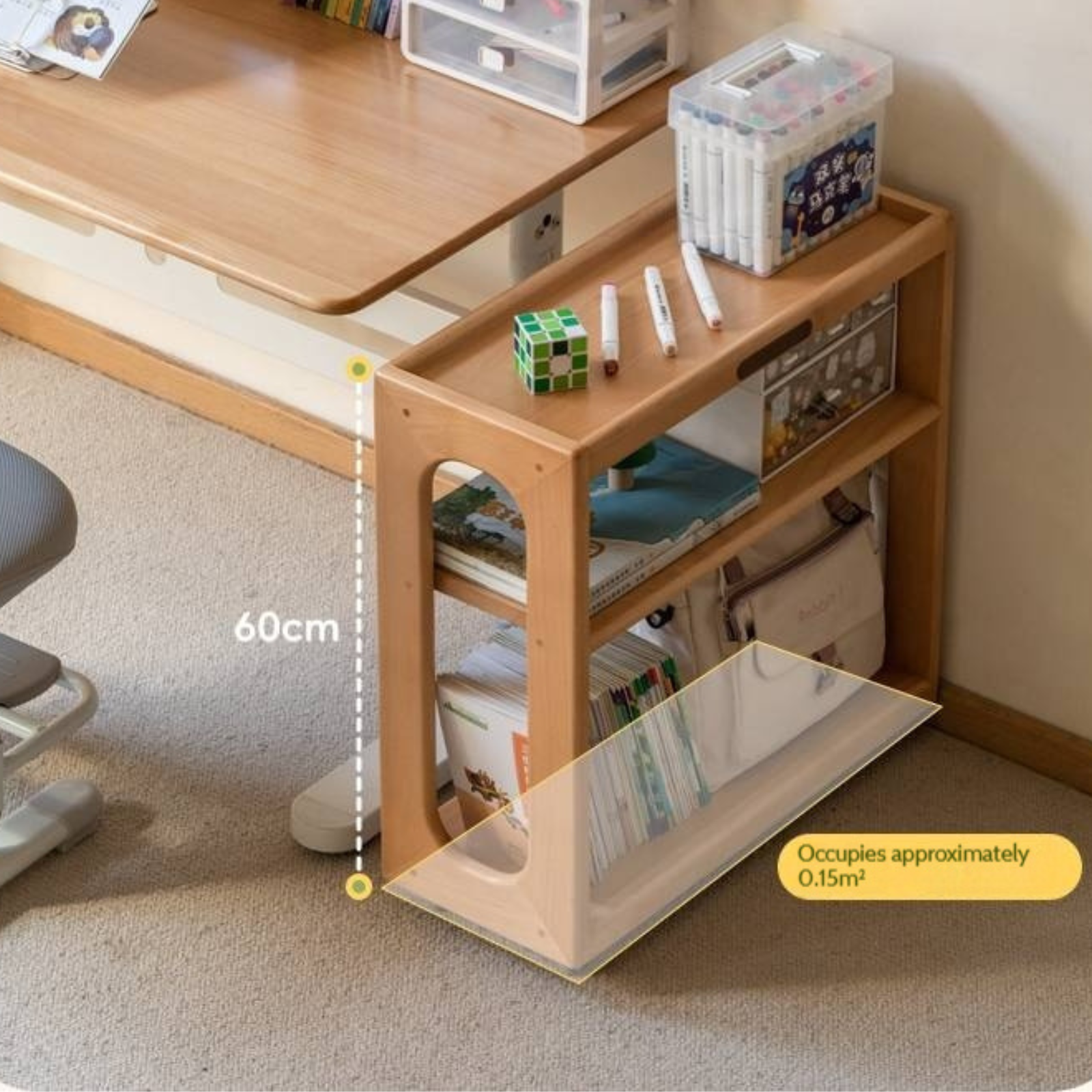 Beech Solid Wood Movable Children's Montessori Under-Table Bookshelf with Wheels