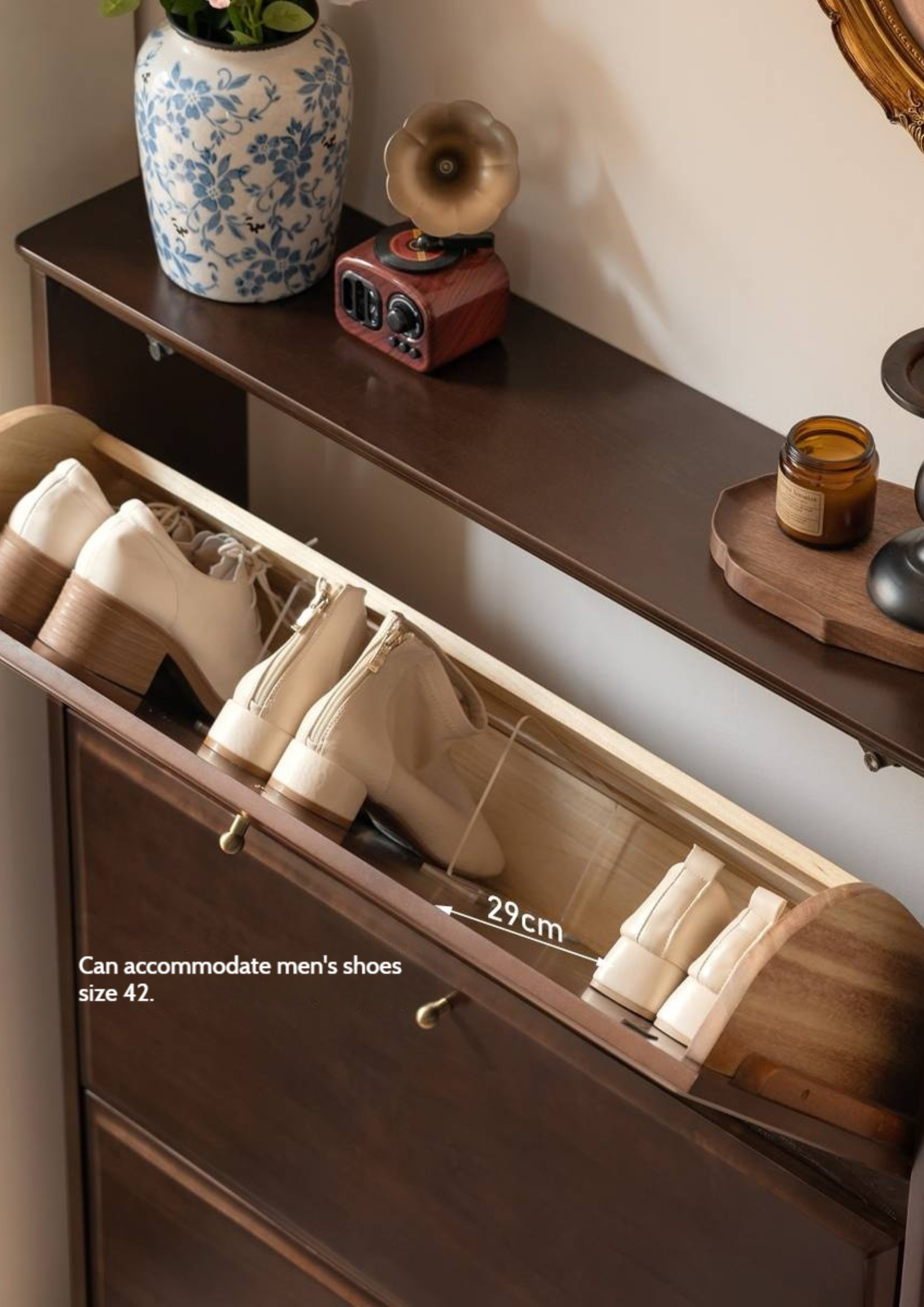 Poplar, Solid Rubber Wood Retro Narrow Shoe Cabinet