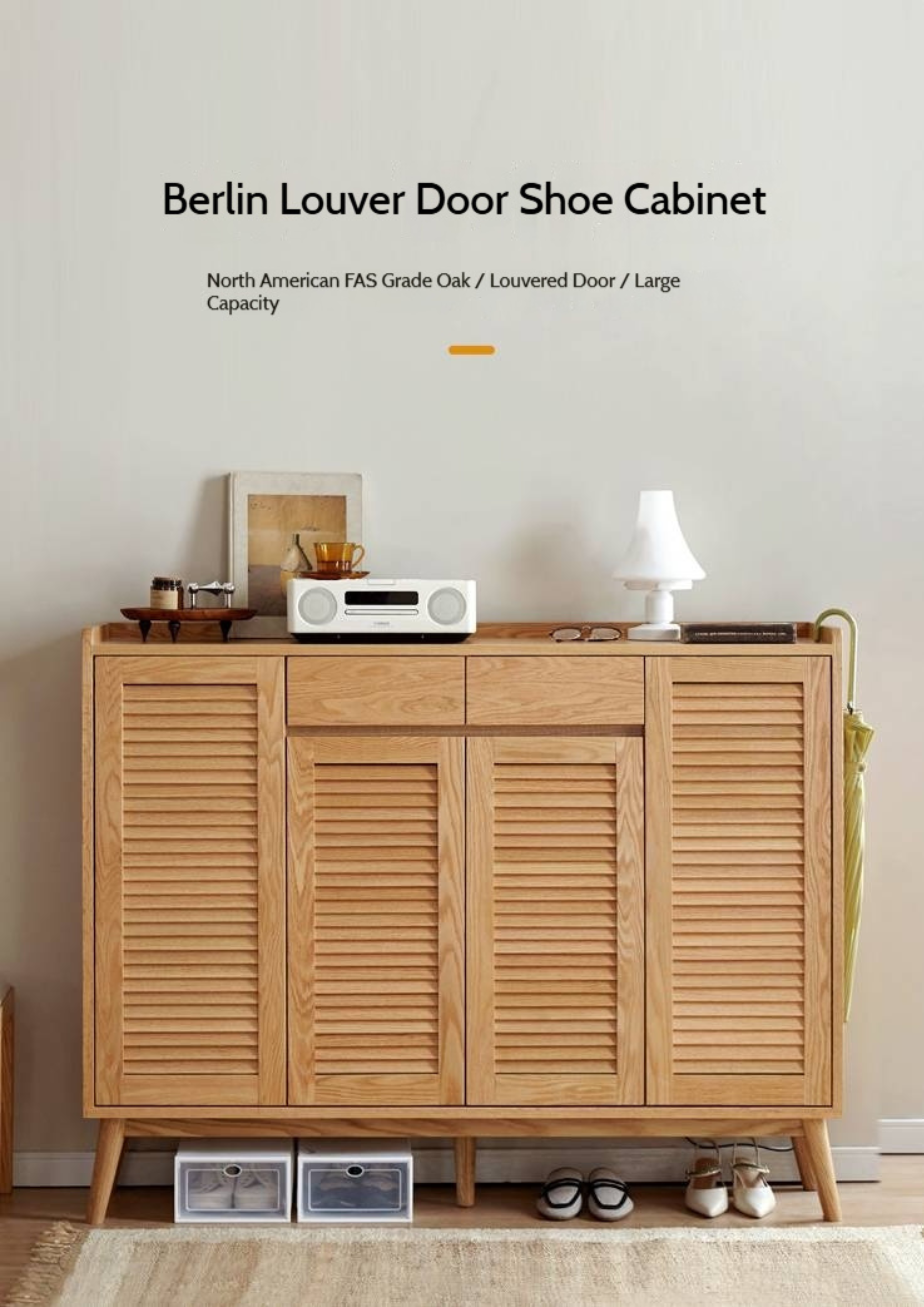 Oak Solid Wood Shutter Door Shoe Cabinet