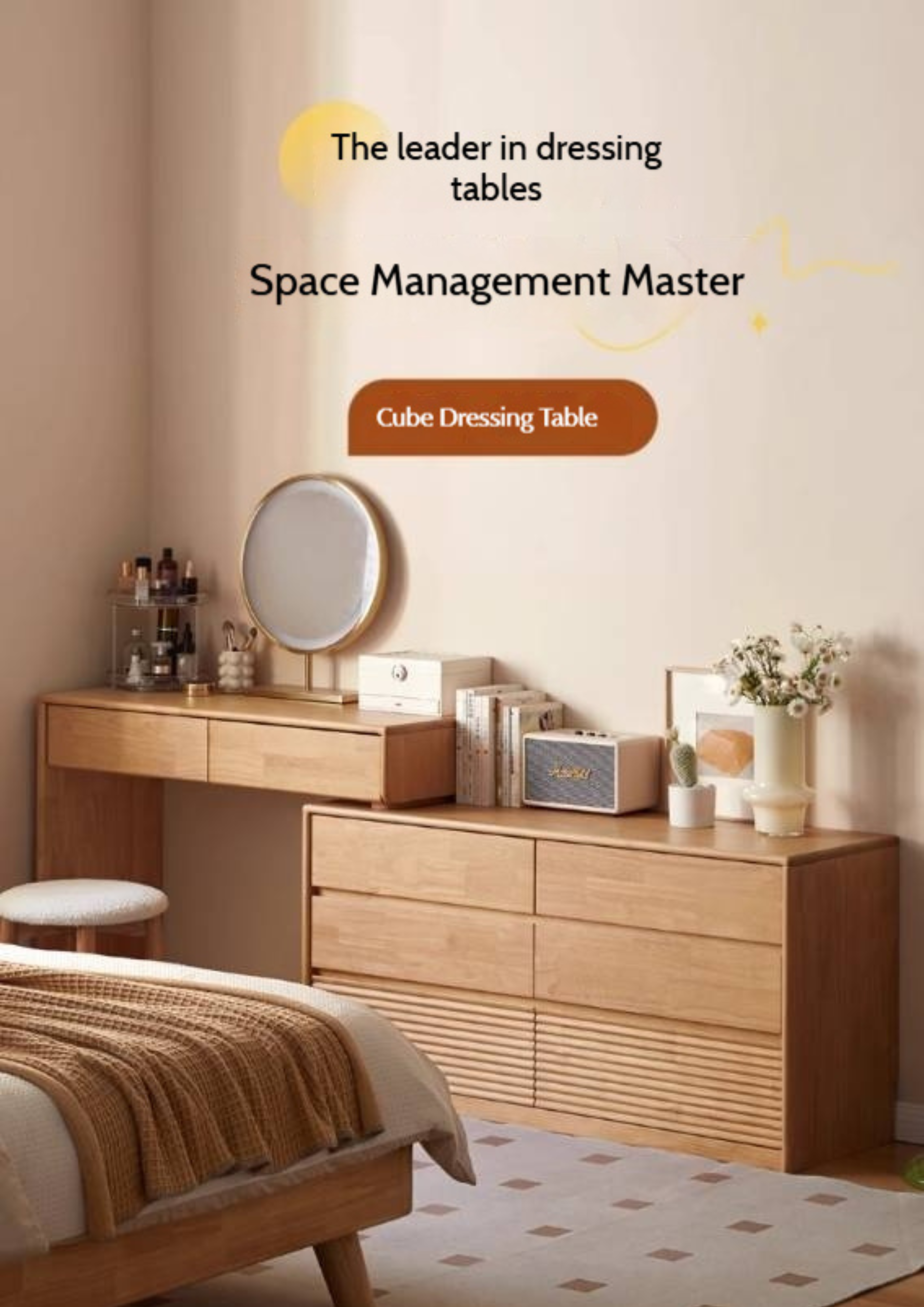 Solid Rubberwood Telescopic Makeup Desk