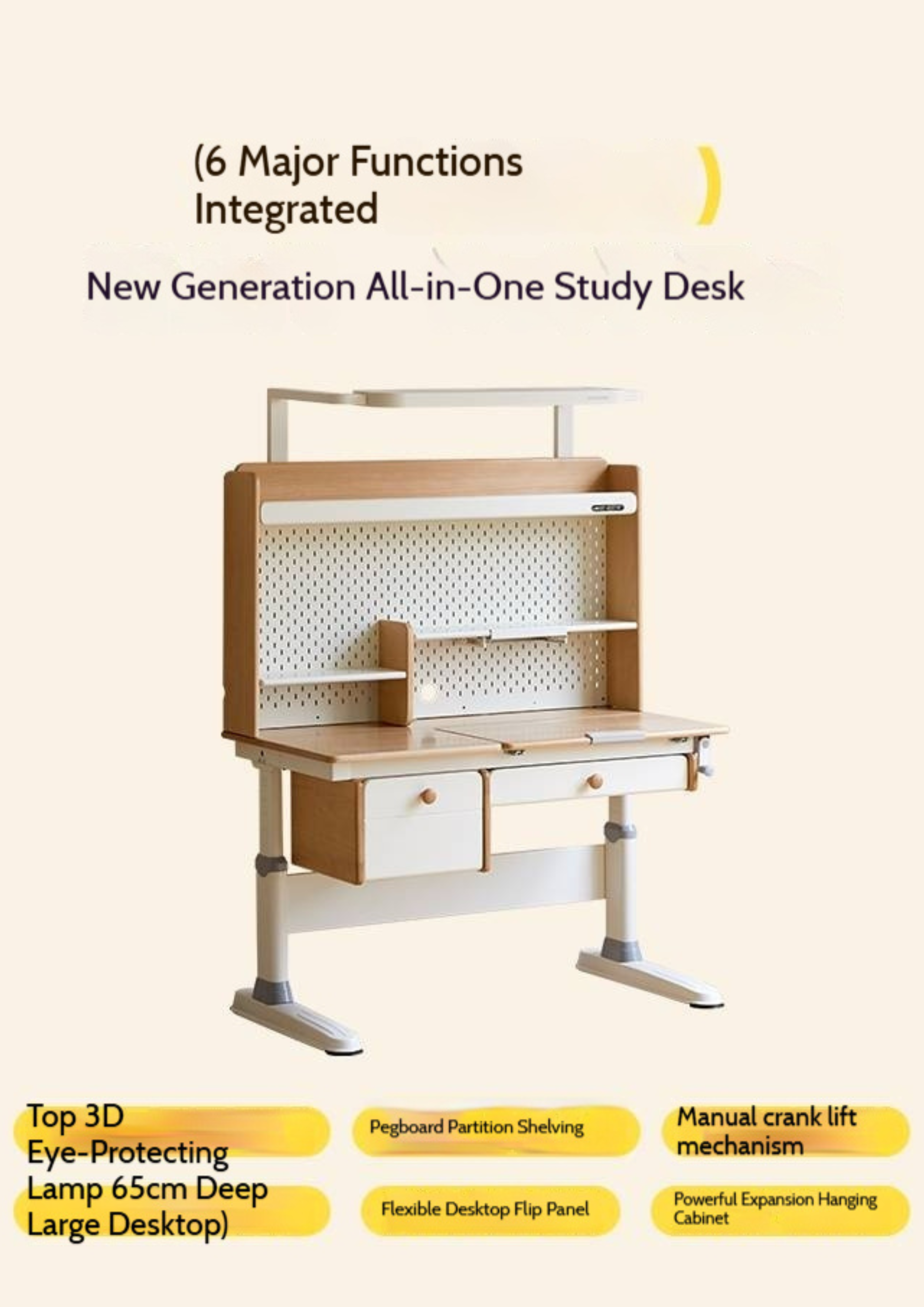 Beech Solid Wood Height Adjustable Children's Learning Desk with Eye-Protection Lamp