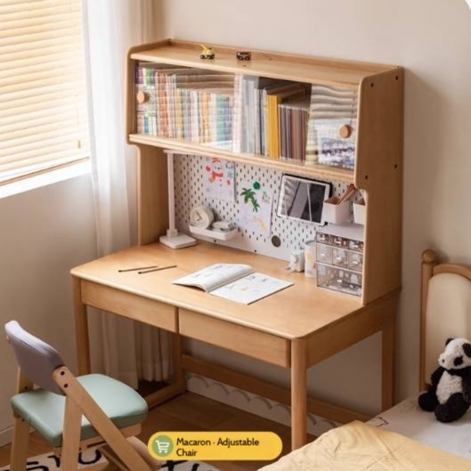Beech Solid Wood Children's Study Desk Bookshelf Integrated