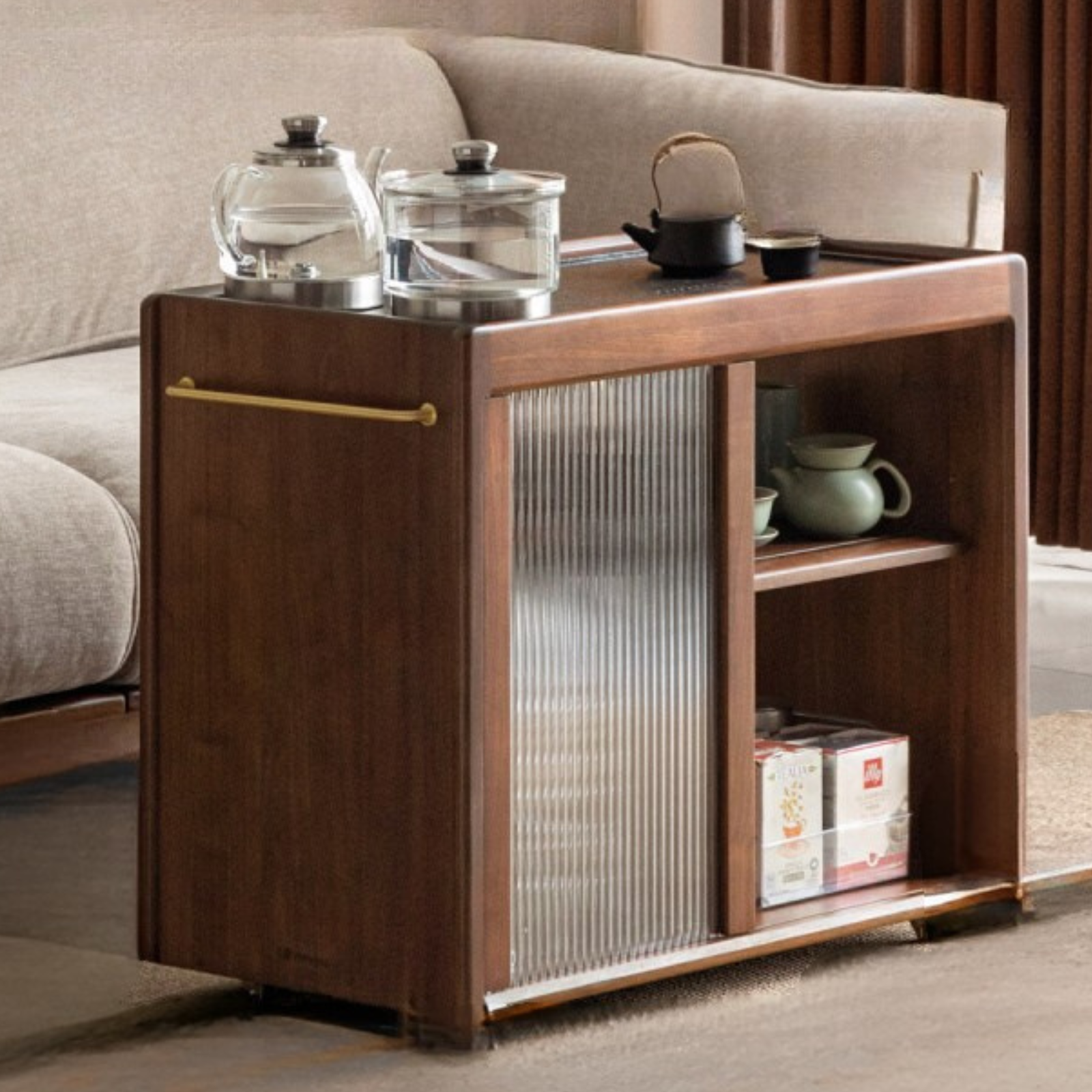 Black Walnut Solid Wood Tea Bar Integrated Side Cabinet