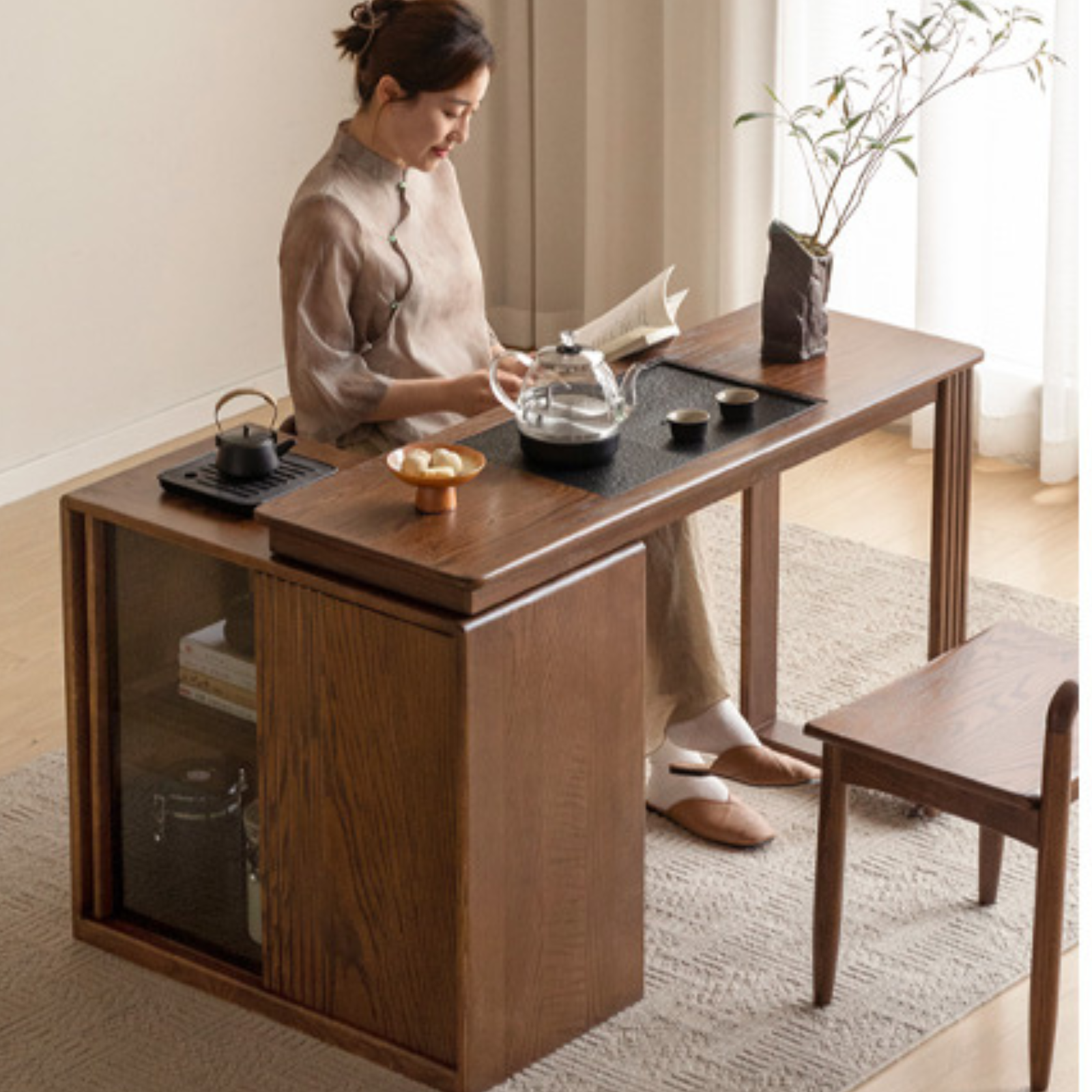 Pine Solid Wood Retractable Tea Table