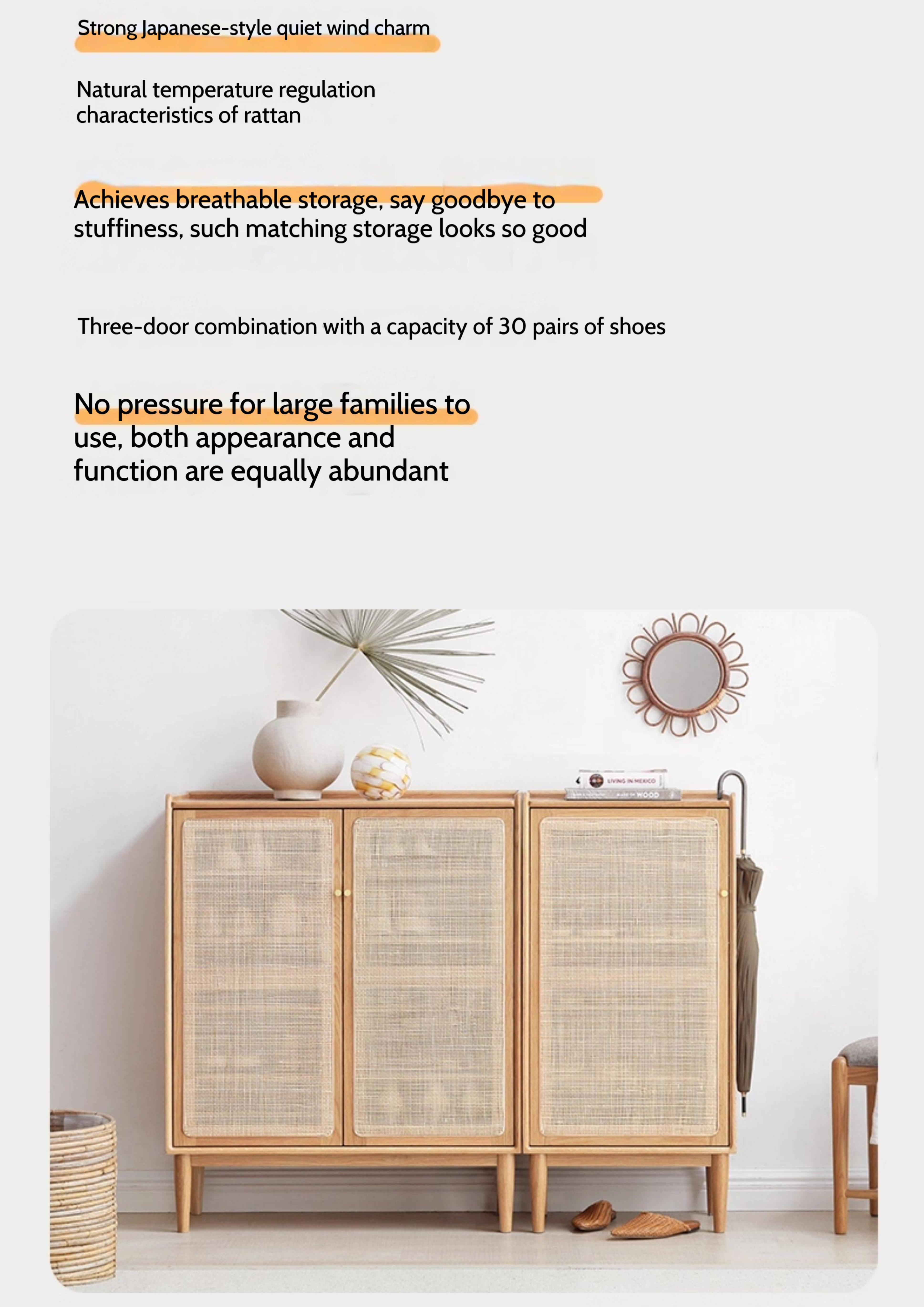 Oak Solid Wood Shoe Cabinet Storage Rattan