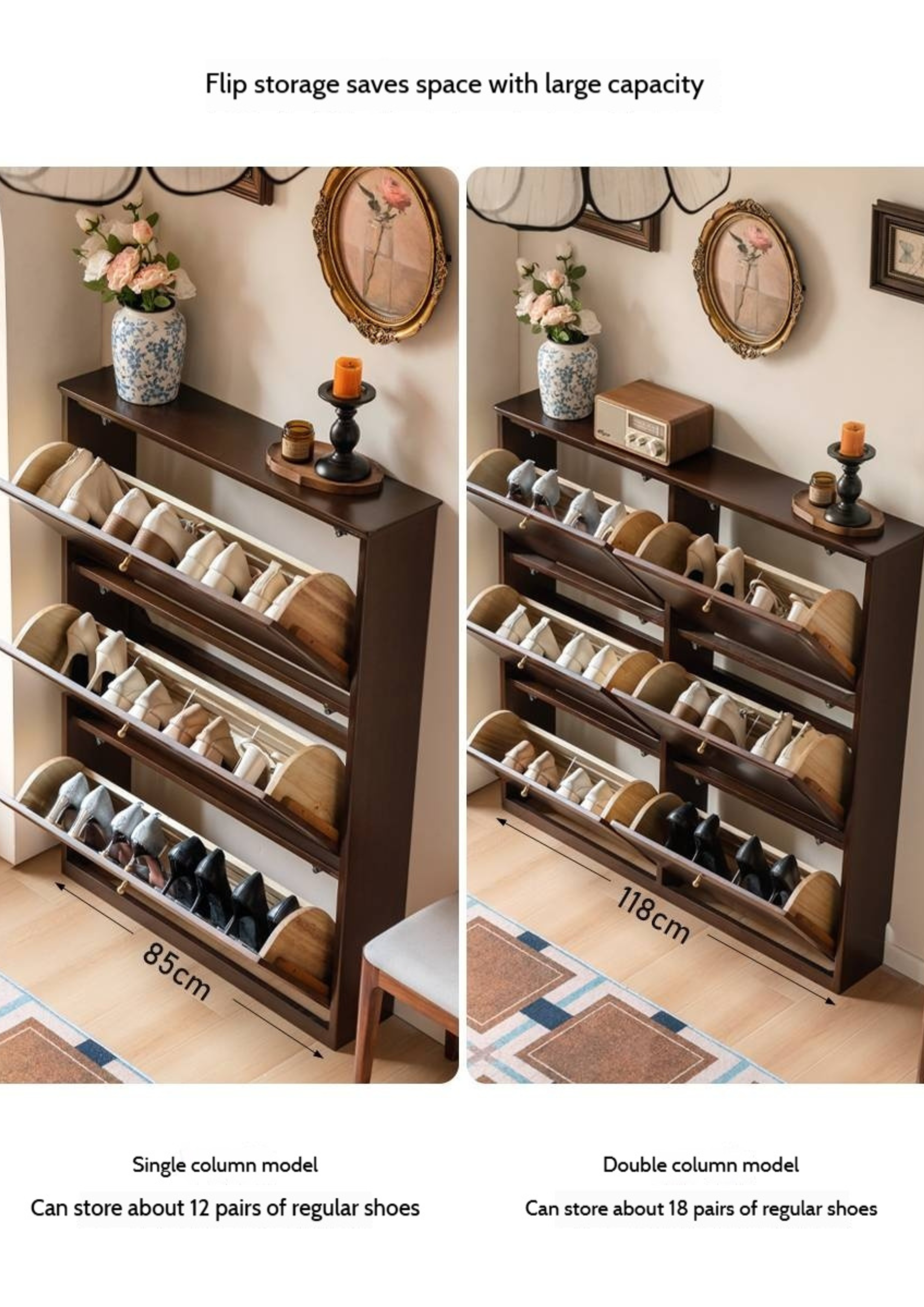 Poplar, Solid Rubber Wood Retro Narrow Shoe Cabinet