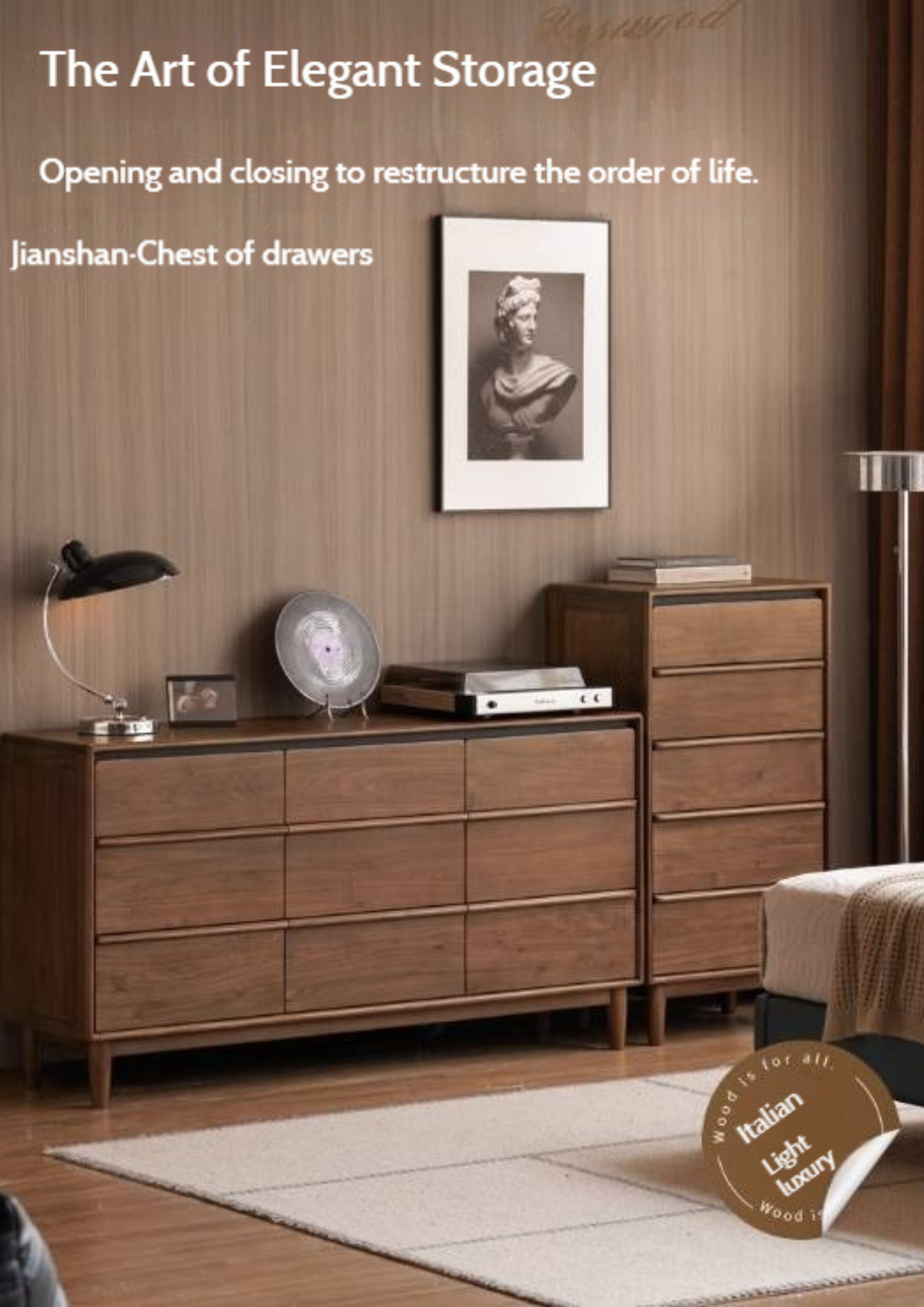 Black Walnut Solid Wood Cabinet Italian Light Luxury Chest of Drawers