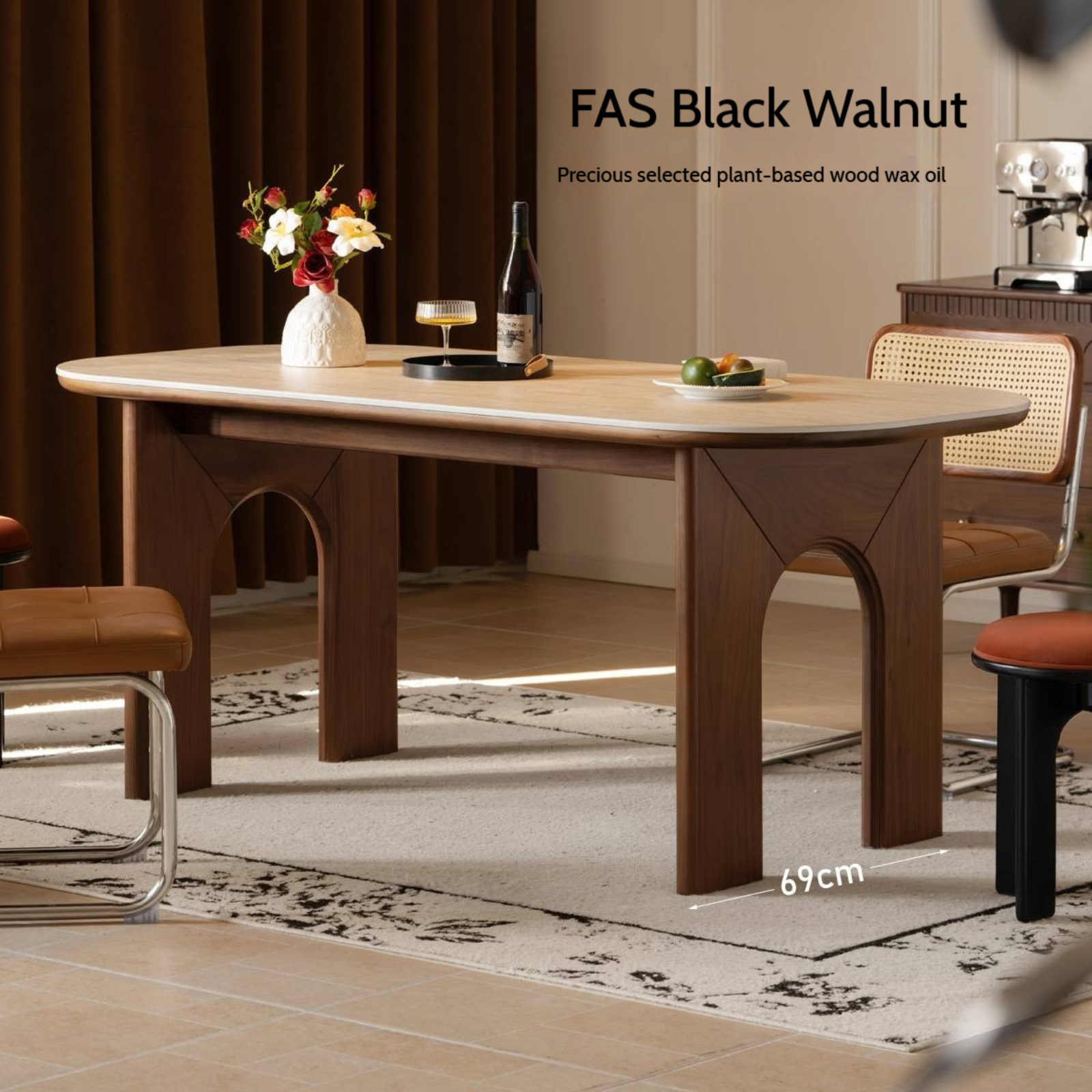 Black Walnut, Oak Solid Wood French Retro Style Dining Table