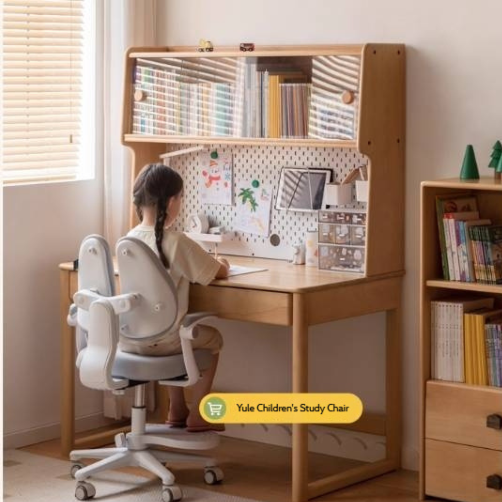 Beech Solid Wood Children's Study Desk Bookshelf Integrated