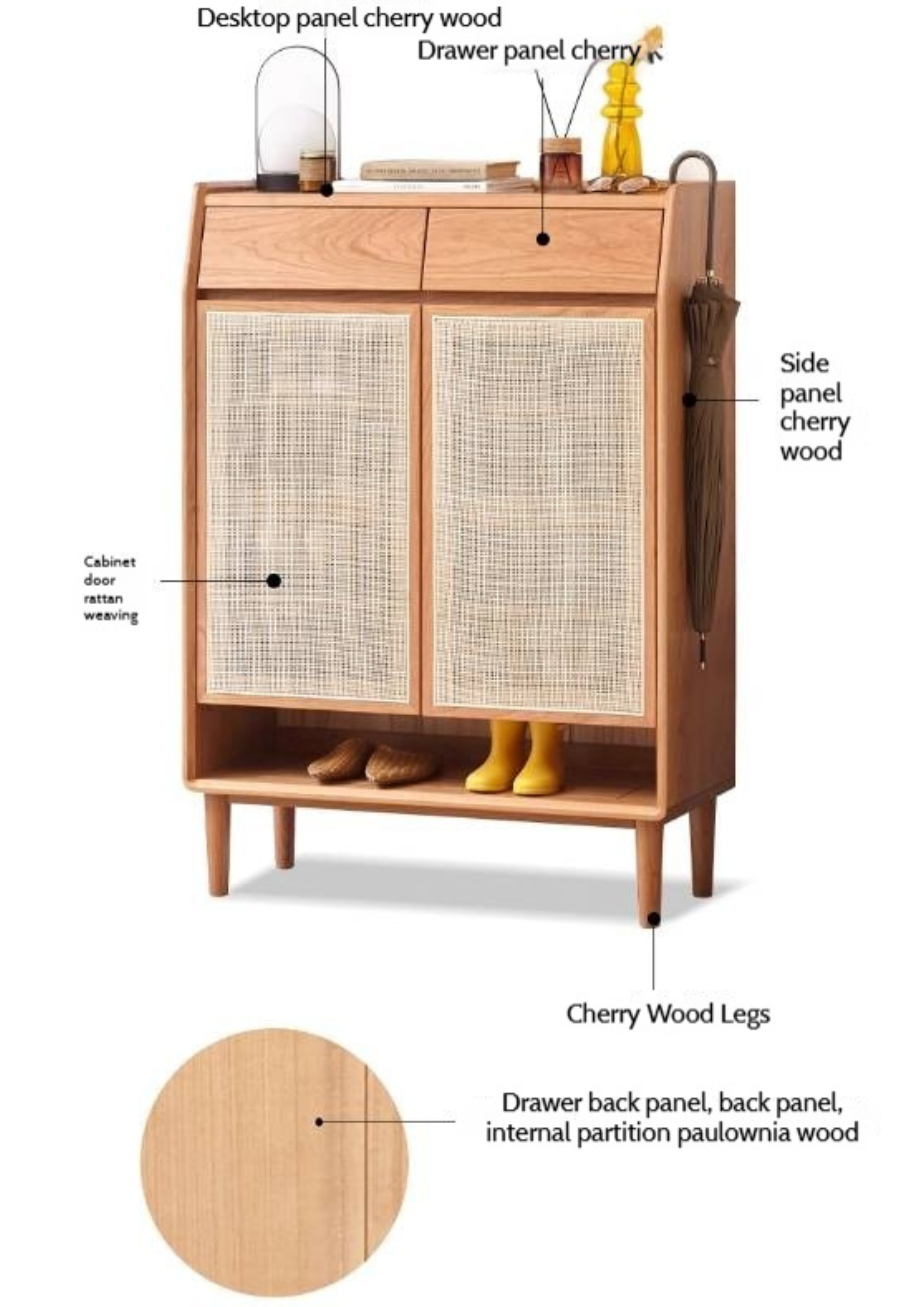 Сherry, Oak Solid Wood Rattan Locker Shoe Cabinet