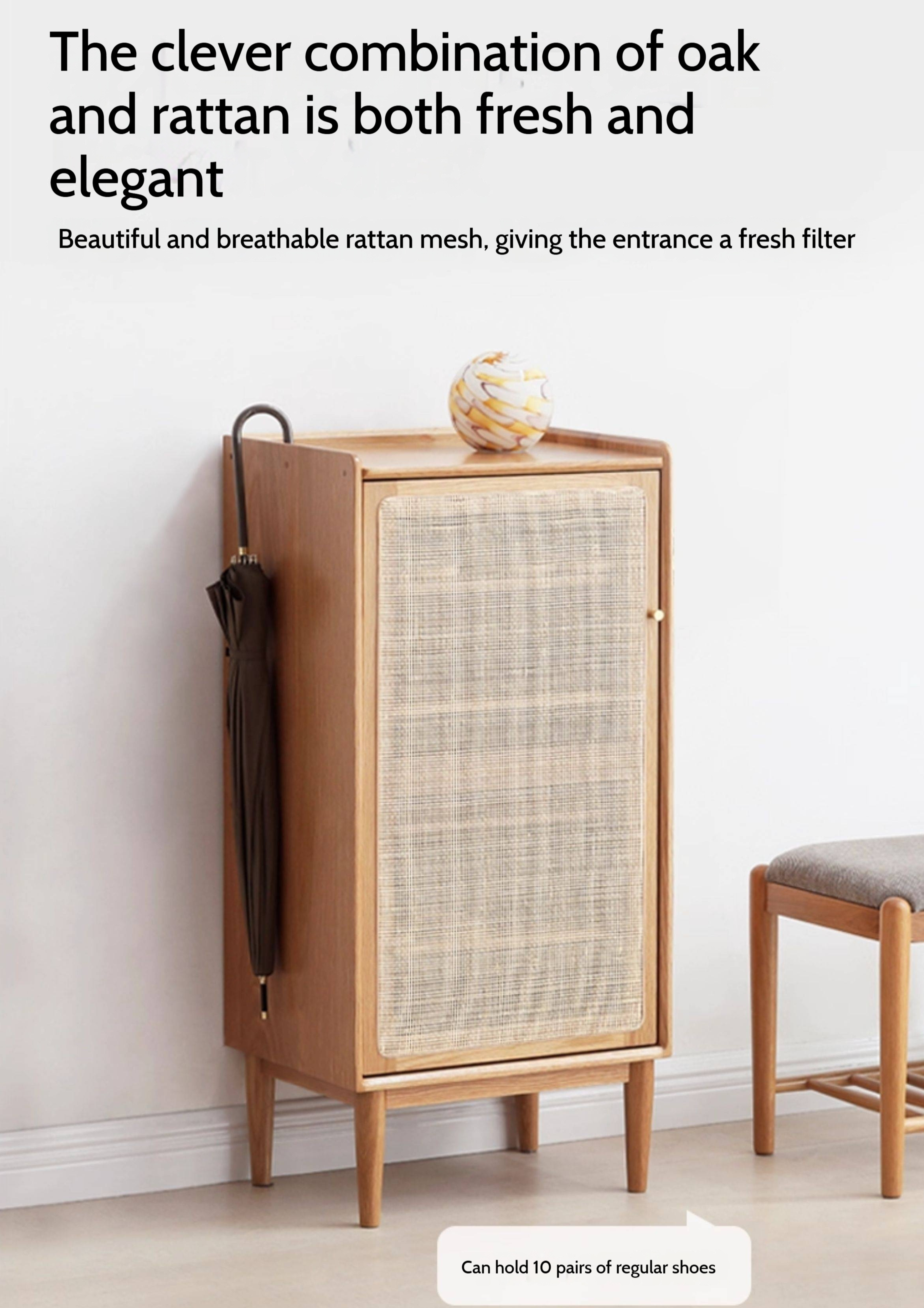 Oak Solid Wood Shoe Cabinet Storage Rattan