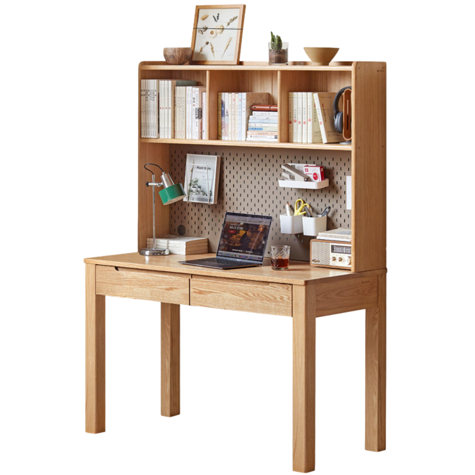 Oak Solid Wood Office Desk and Bookshelf Integrated