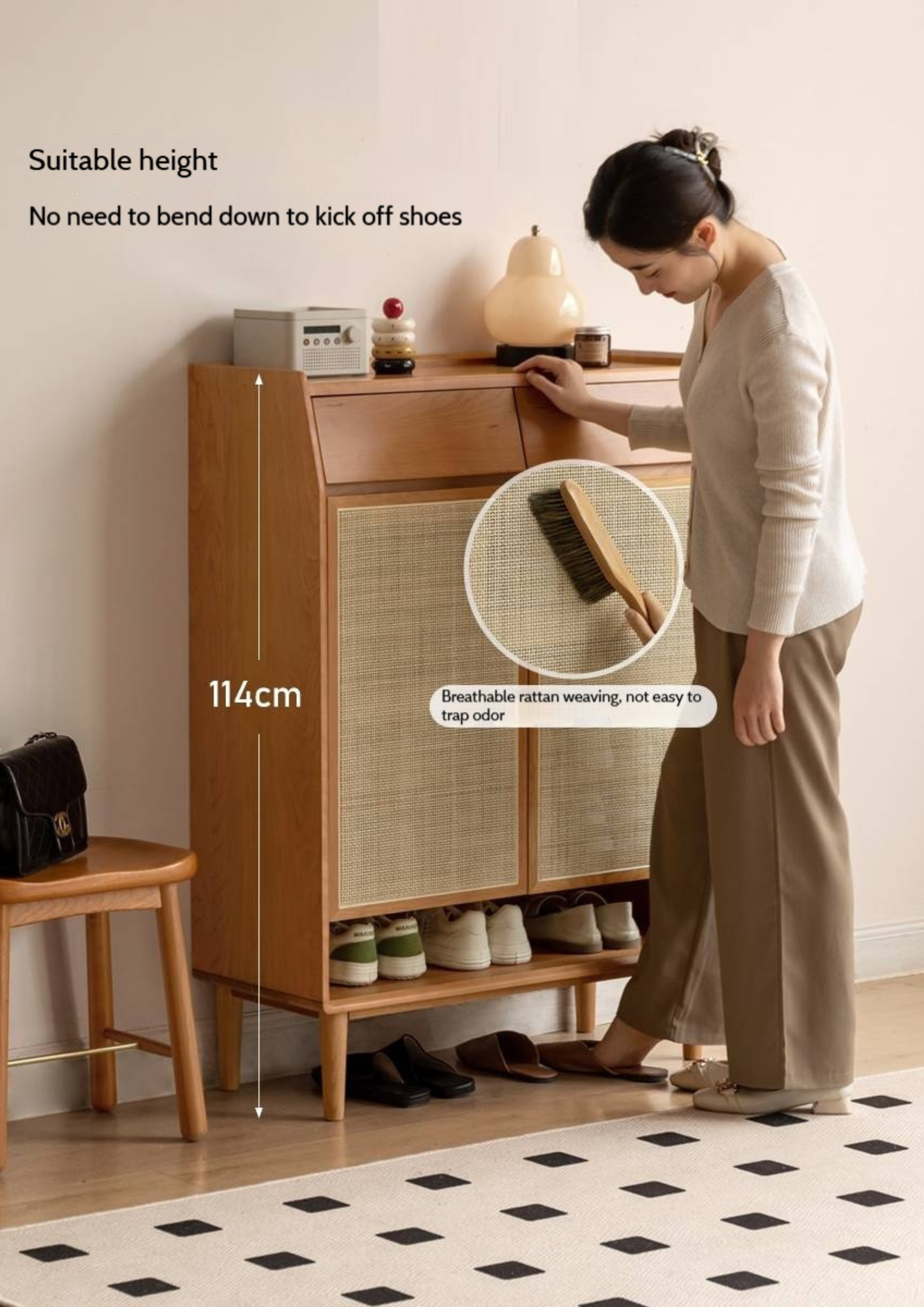 Сherry, Oak Solid Wood Rattan Locker Shoe Cabinet