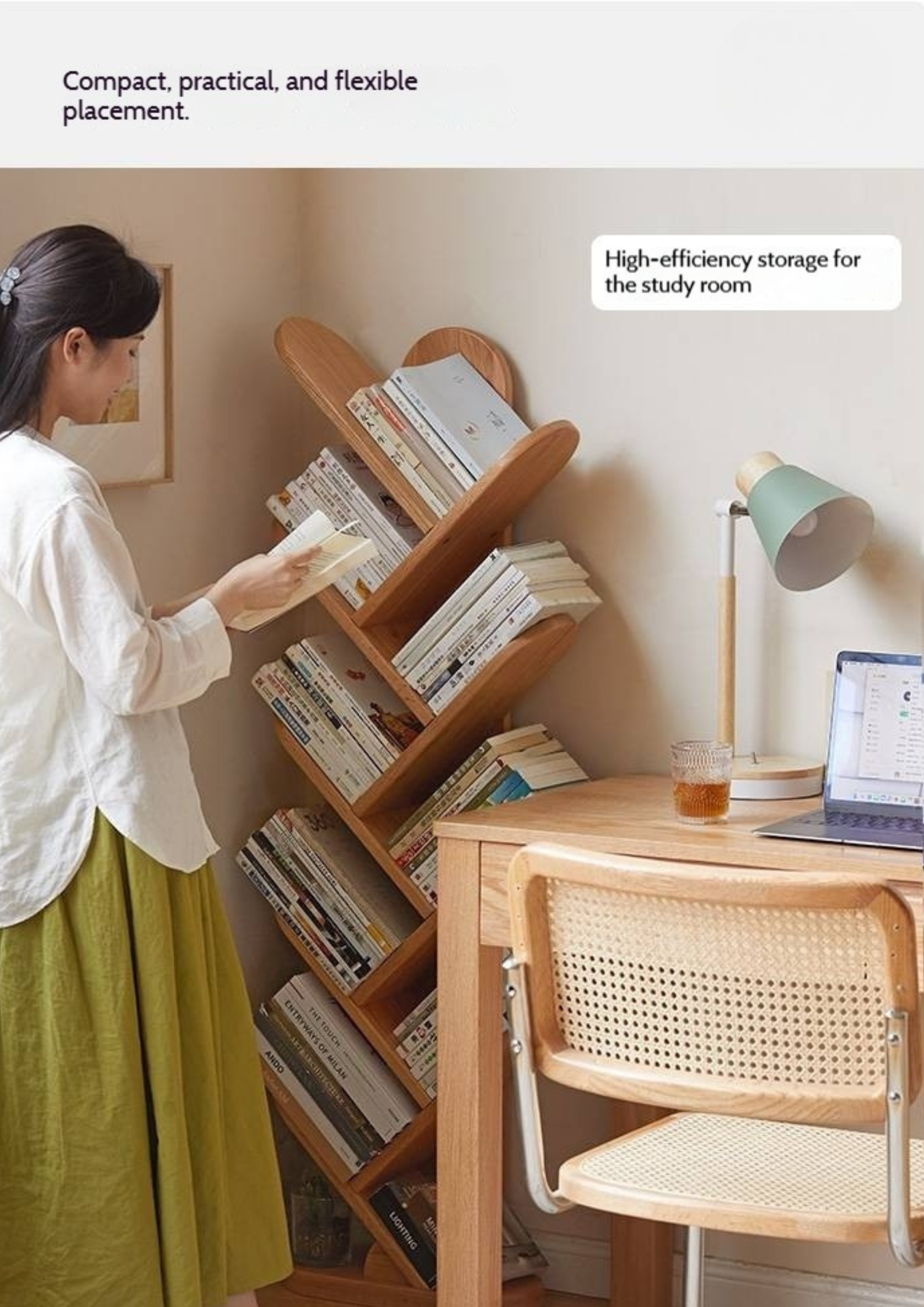 Oak, Cherry, Solid Rubberwood Multi-Layer Creative Corner Bookshelf