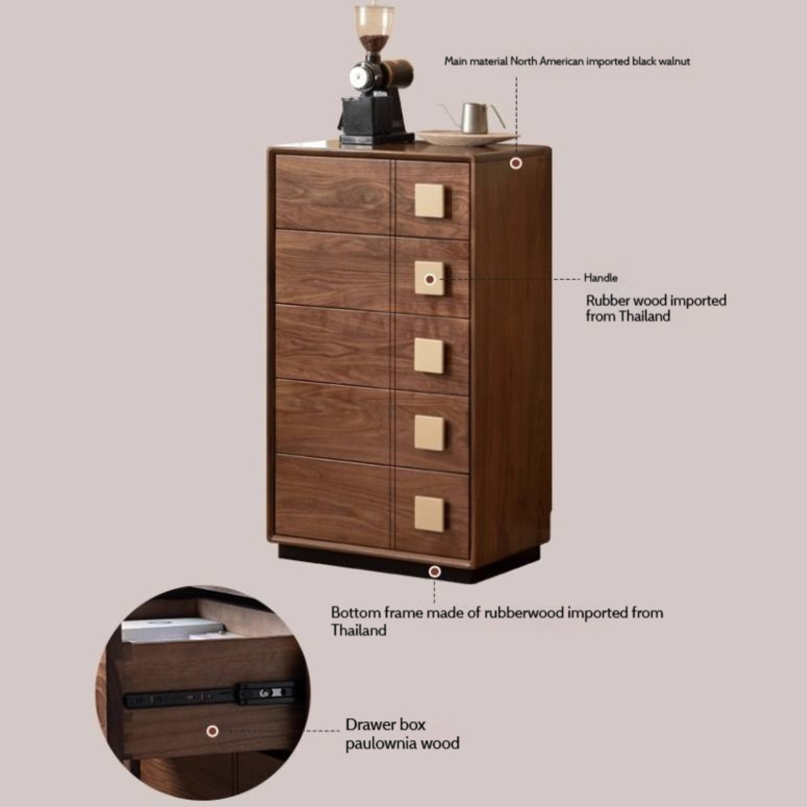 Black Walnut Solid Wood Retro Style Five-Drawer Chest