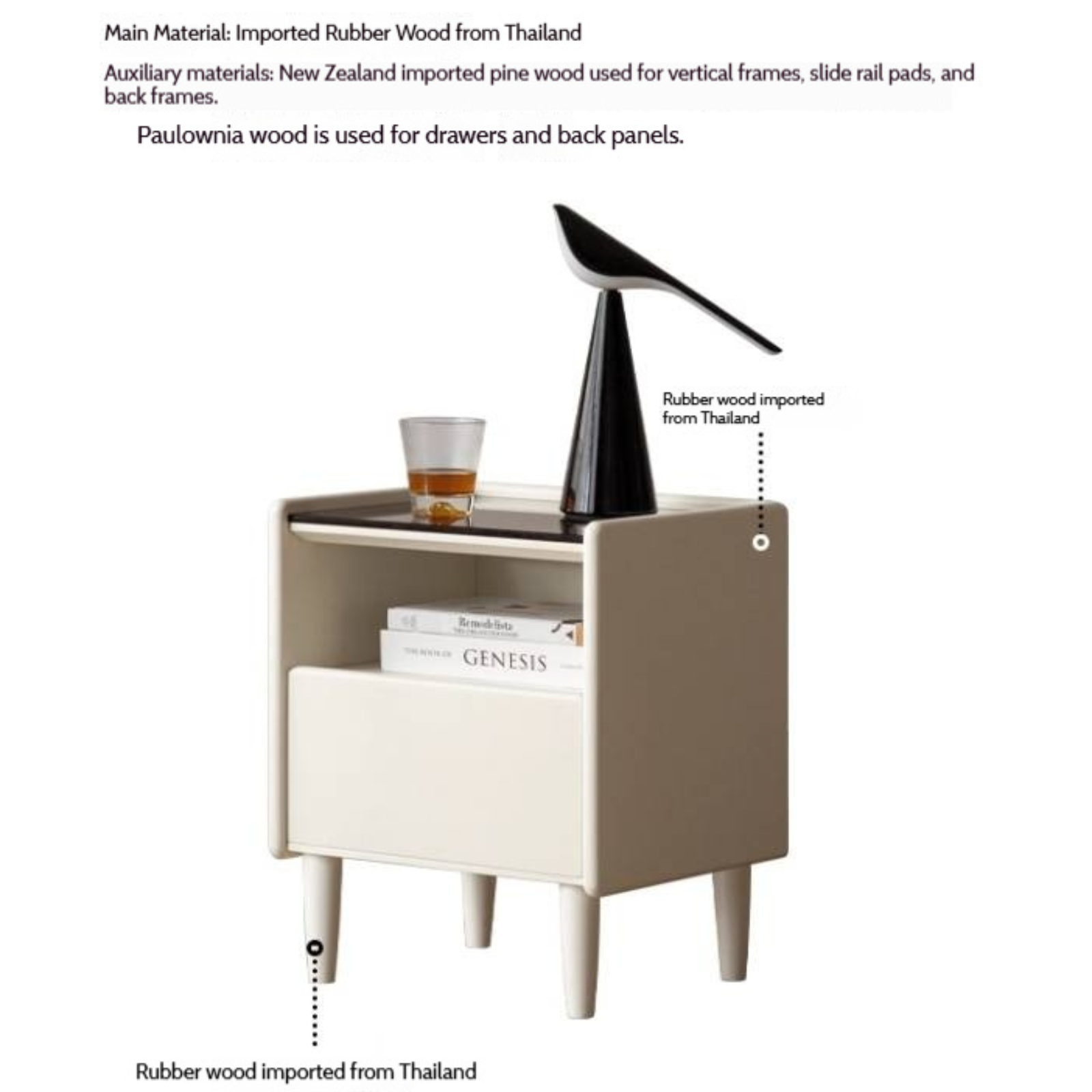 Solid Rubberwood Modern Nightstand