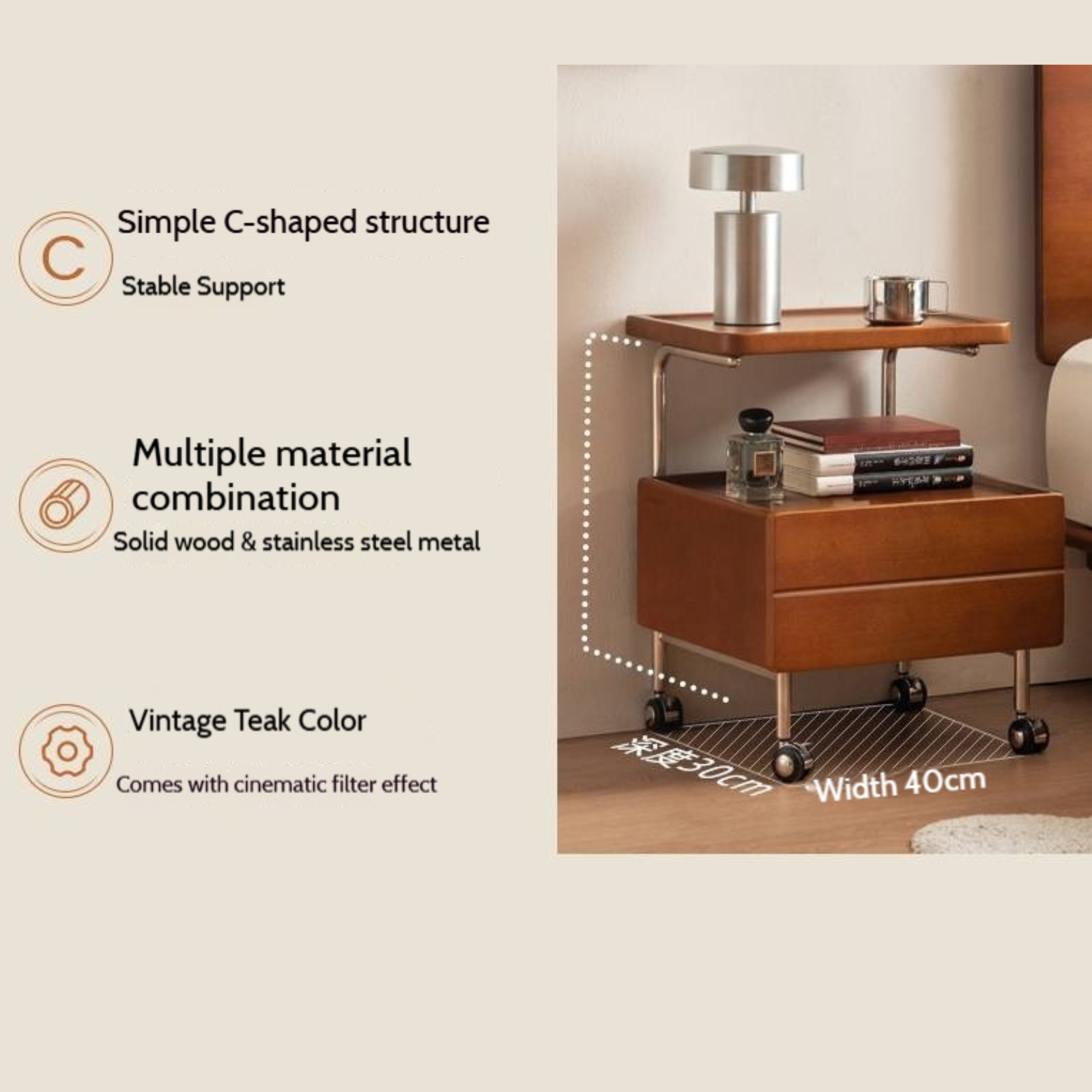 Poplar Solid Wood Vintage Style Mobile Nightstand