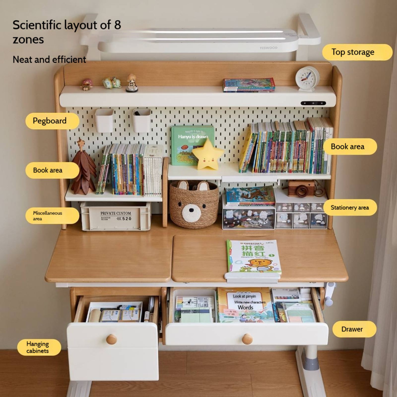Beech Solid Wood Height Adjustable Children's Learning Desk with Eye-Protection Lamp