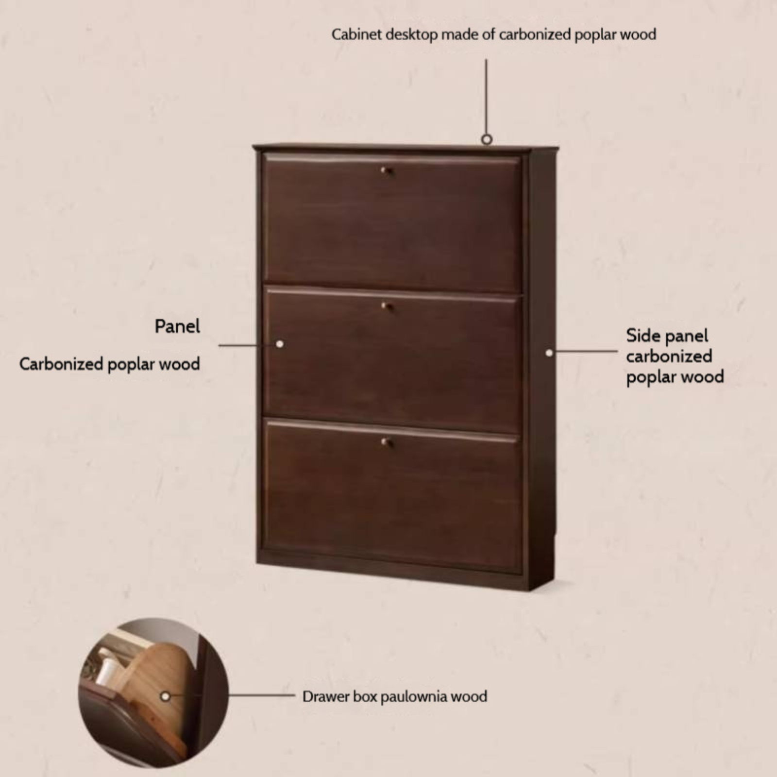 Poplar, Solid Rubber Wood Retro Narrow Shoe Cabinet