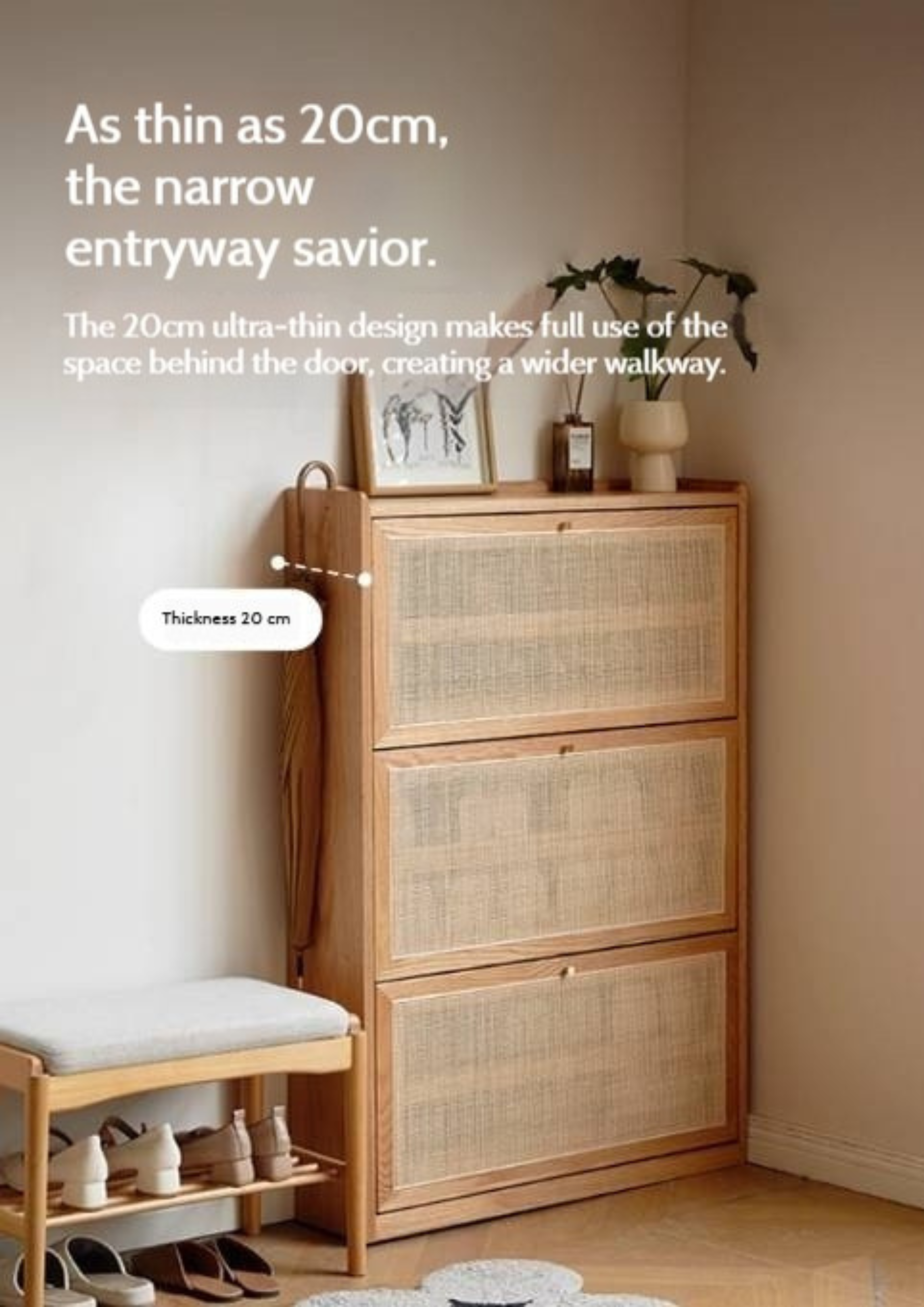 Oak Solid Wood Ultra-Thin Flap Door Rattan Shoe Cabinet