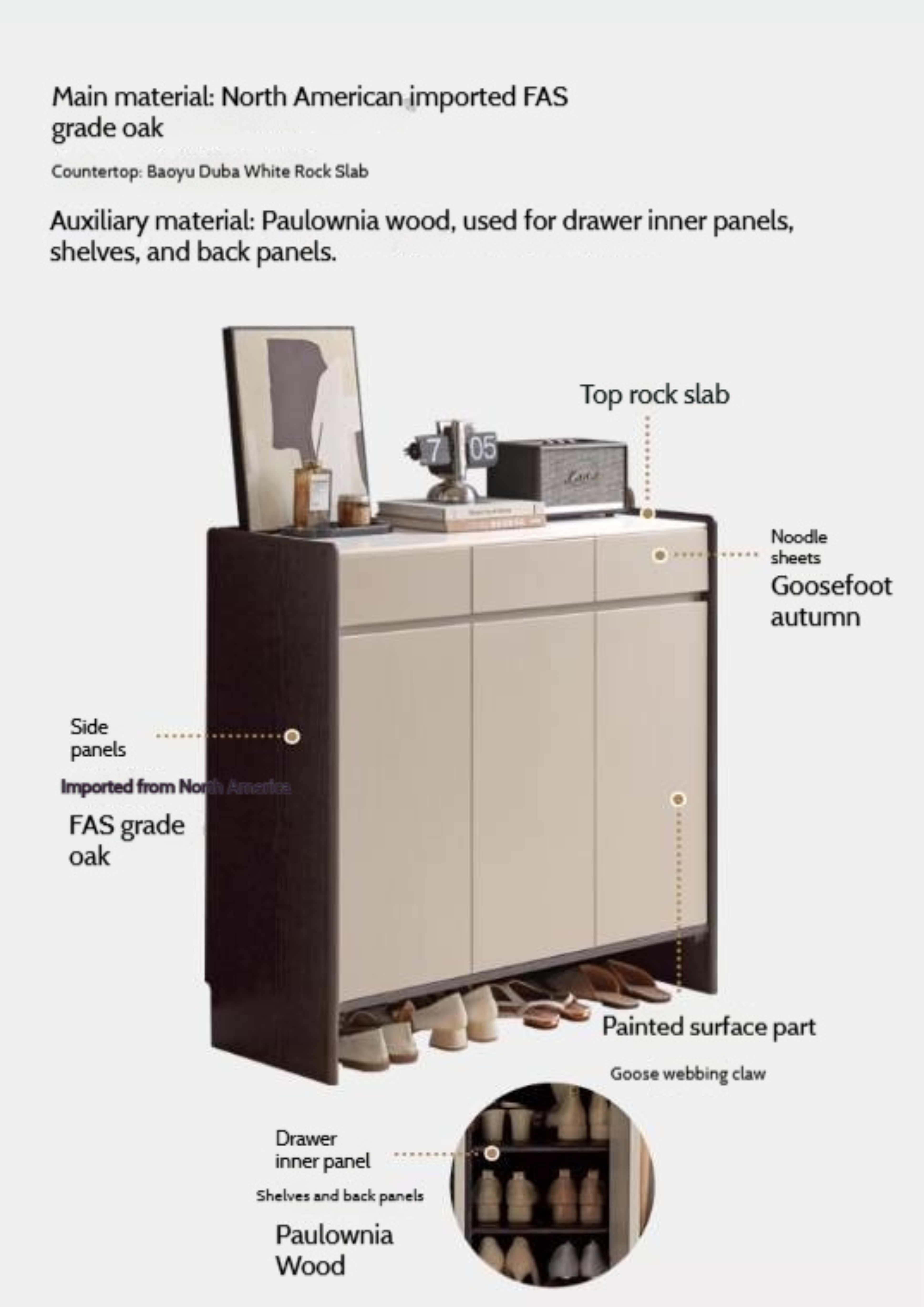 Oak, Rubberwood Solid Wood Porch Cabinet, Shoe Cabinet Slate Top