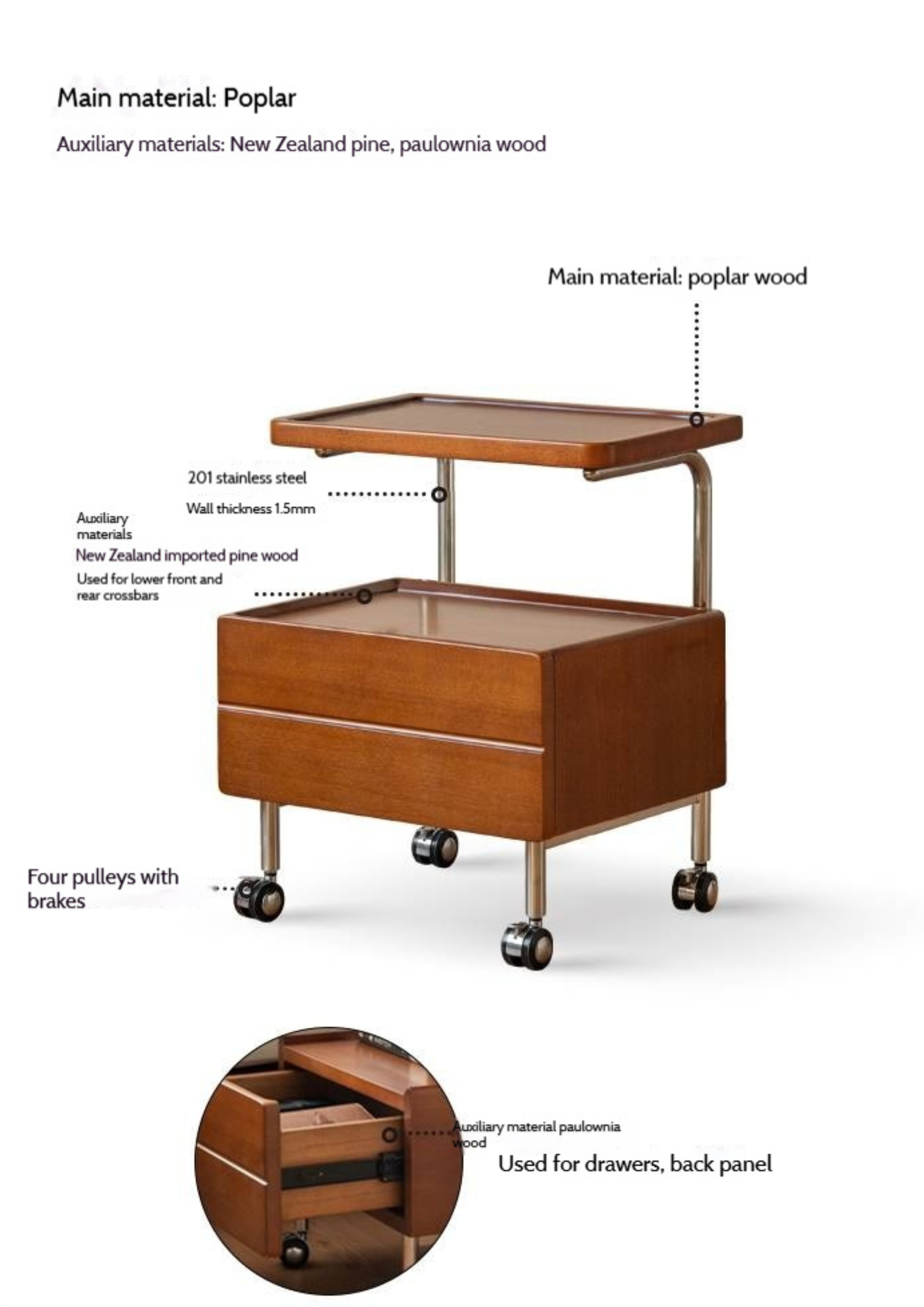 Poplar Solid Wood Vintage Style Mobile Nightstand