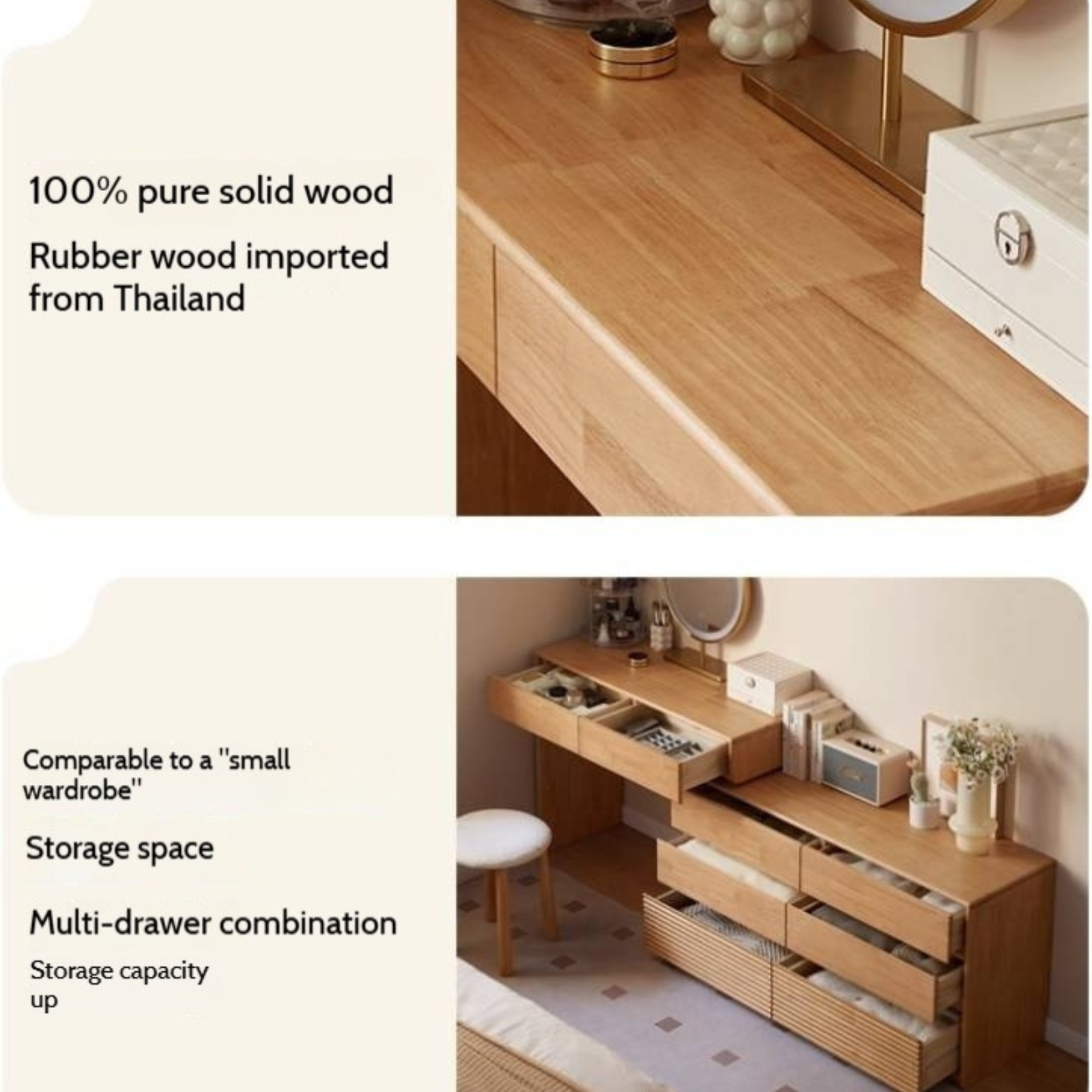 Solid Rubberwood Telescopic Makeup Desk