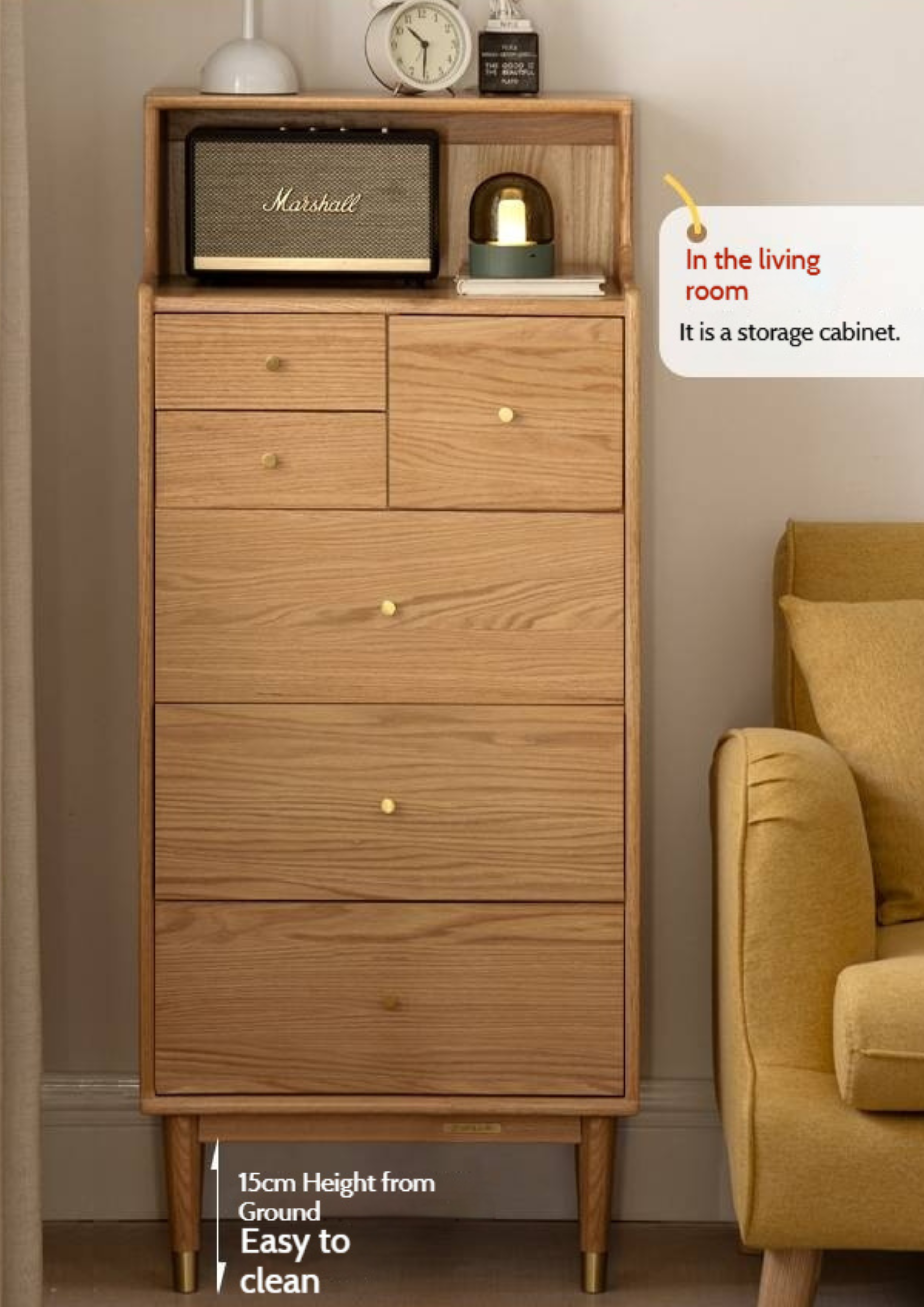 Oak Solid Wood Side Cabinet, Six-Drawer Chest.