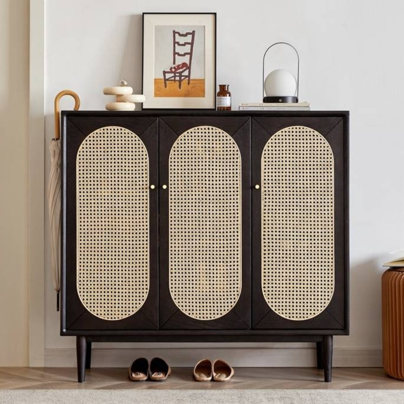 Oak Solid Wood Black Rattan Shoe Cabinet