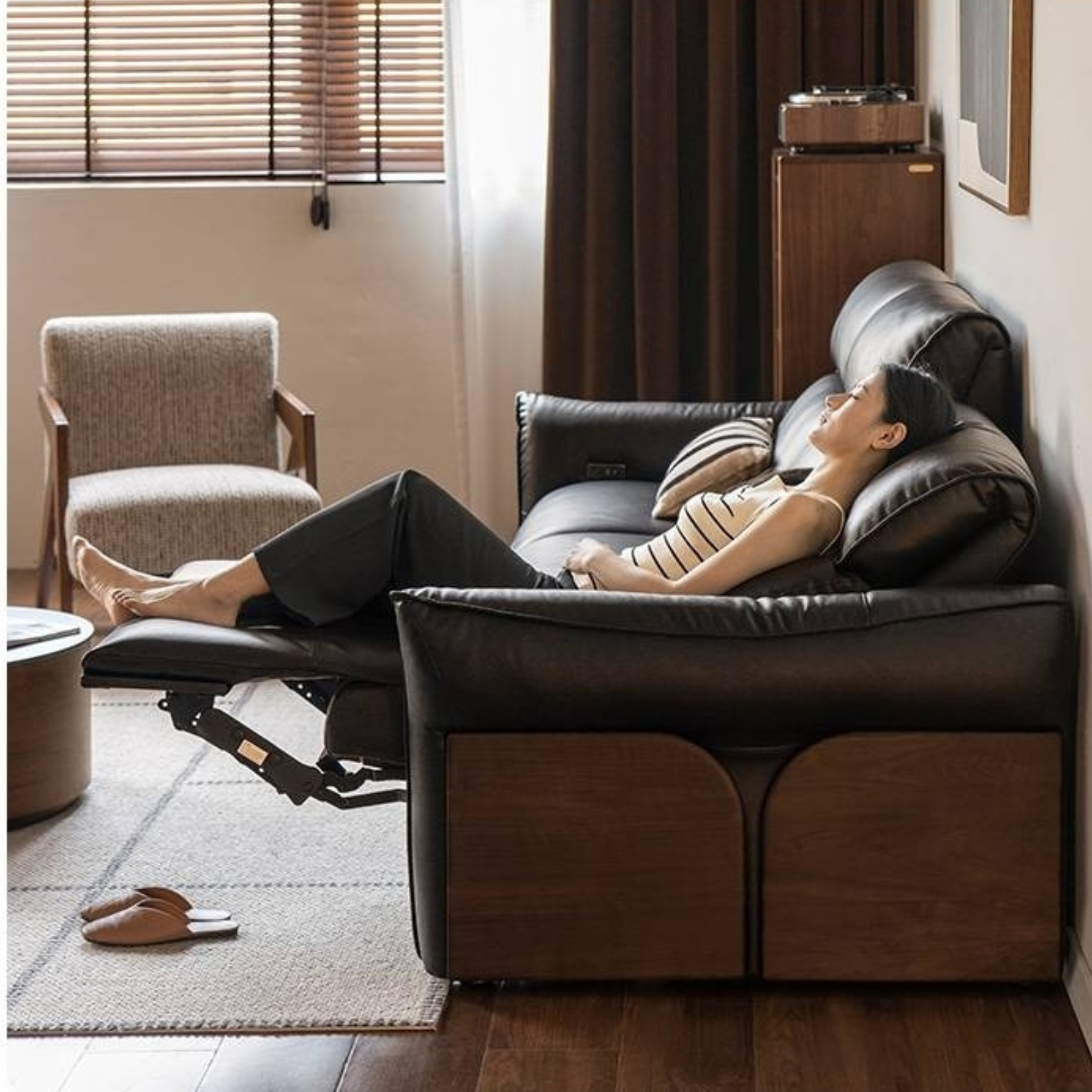 Black walnut solid wood Top Grain Genuine Leather Zero Wall Power Reclining Sofa