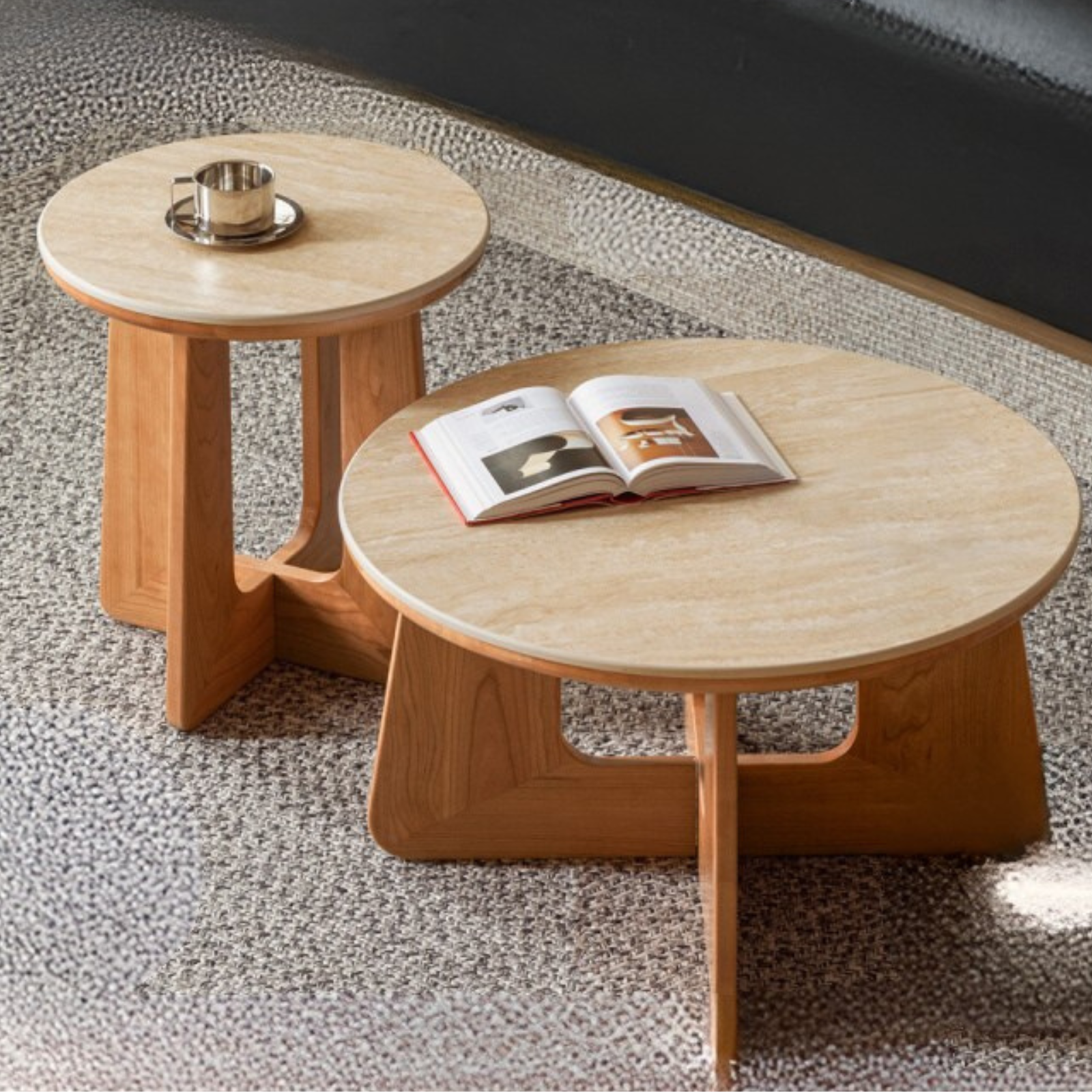 Cherry Solid Wood Rock Plate Round Coffee Table