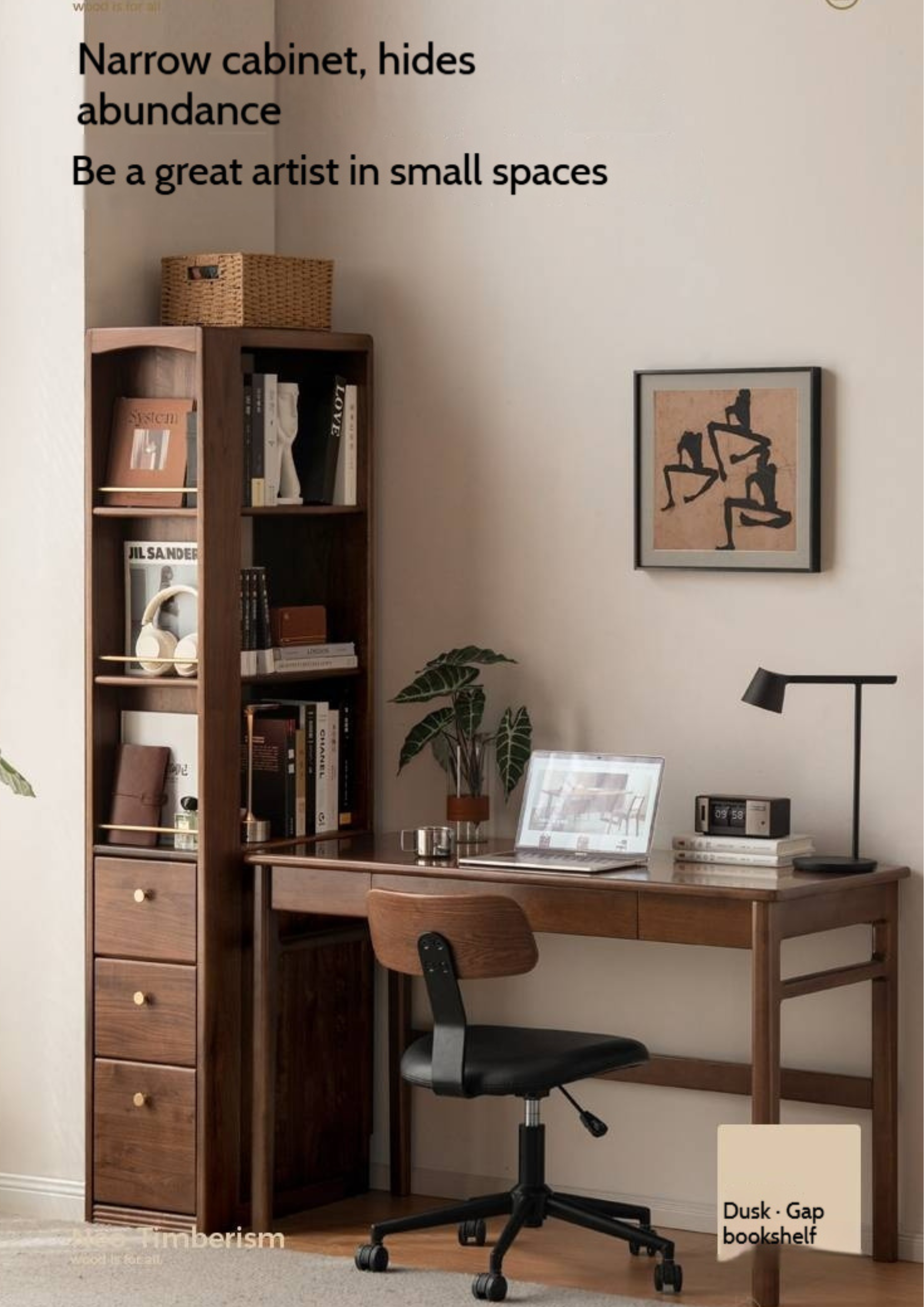 Black Walnut, Oak Solid Wood Narrow Bookcase