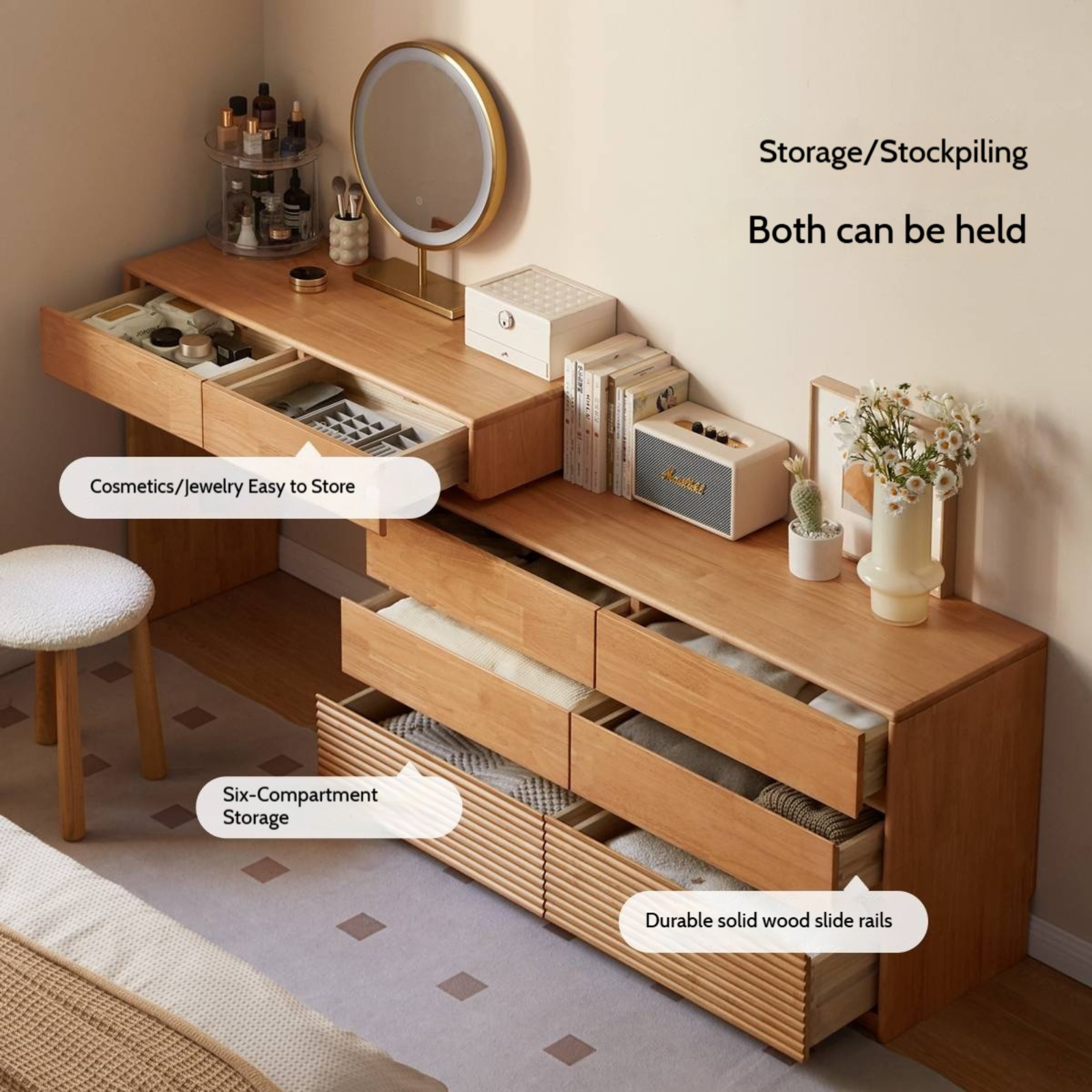 Solid Rubberwood Telescopic Makeup Desk