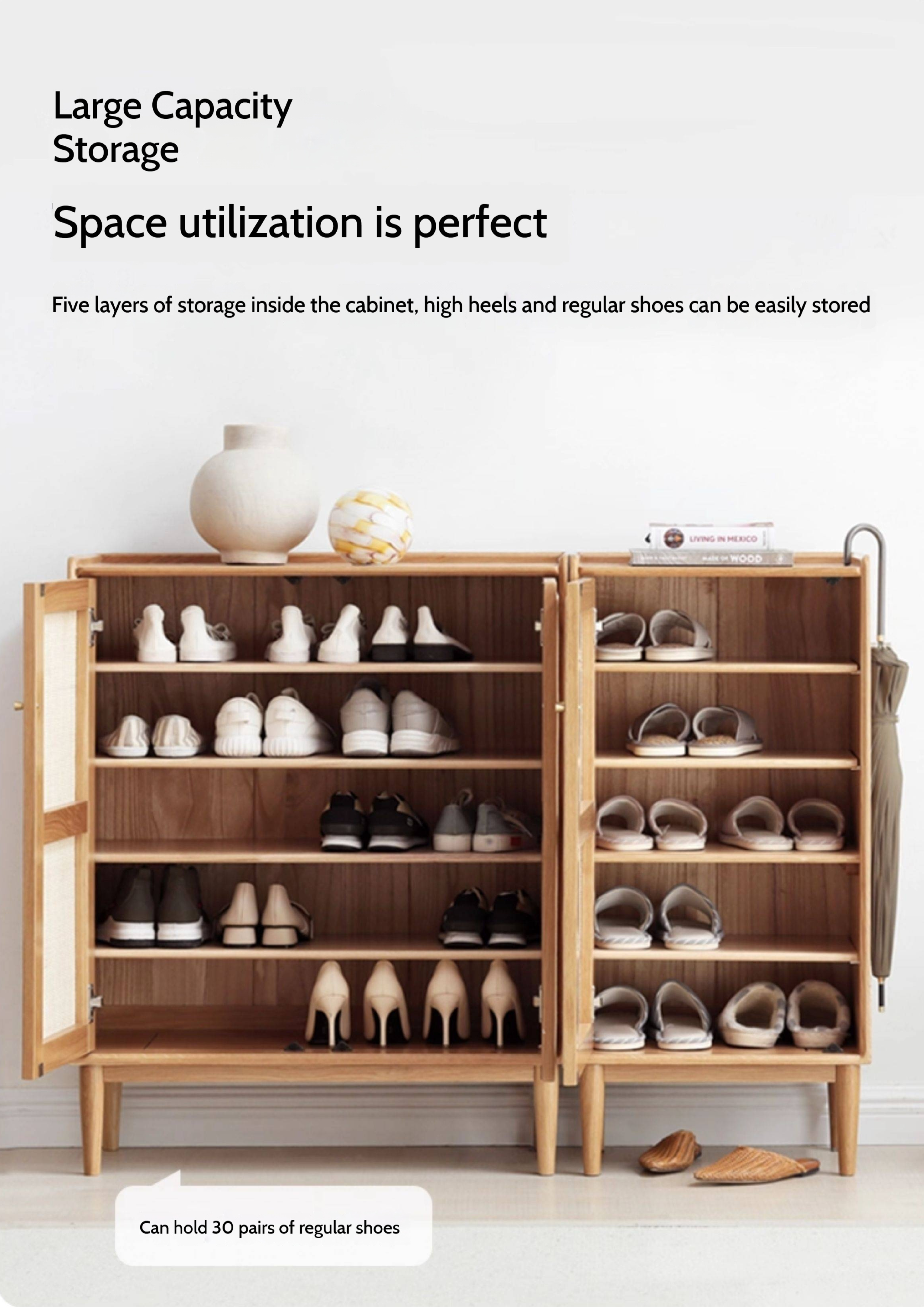 Oak Solid Wood Shoe Cabinet Storage Rattan