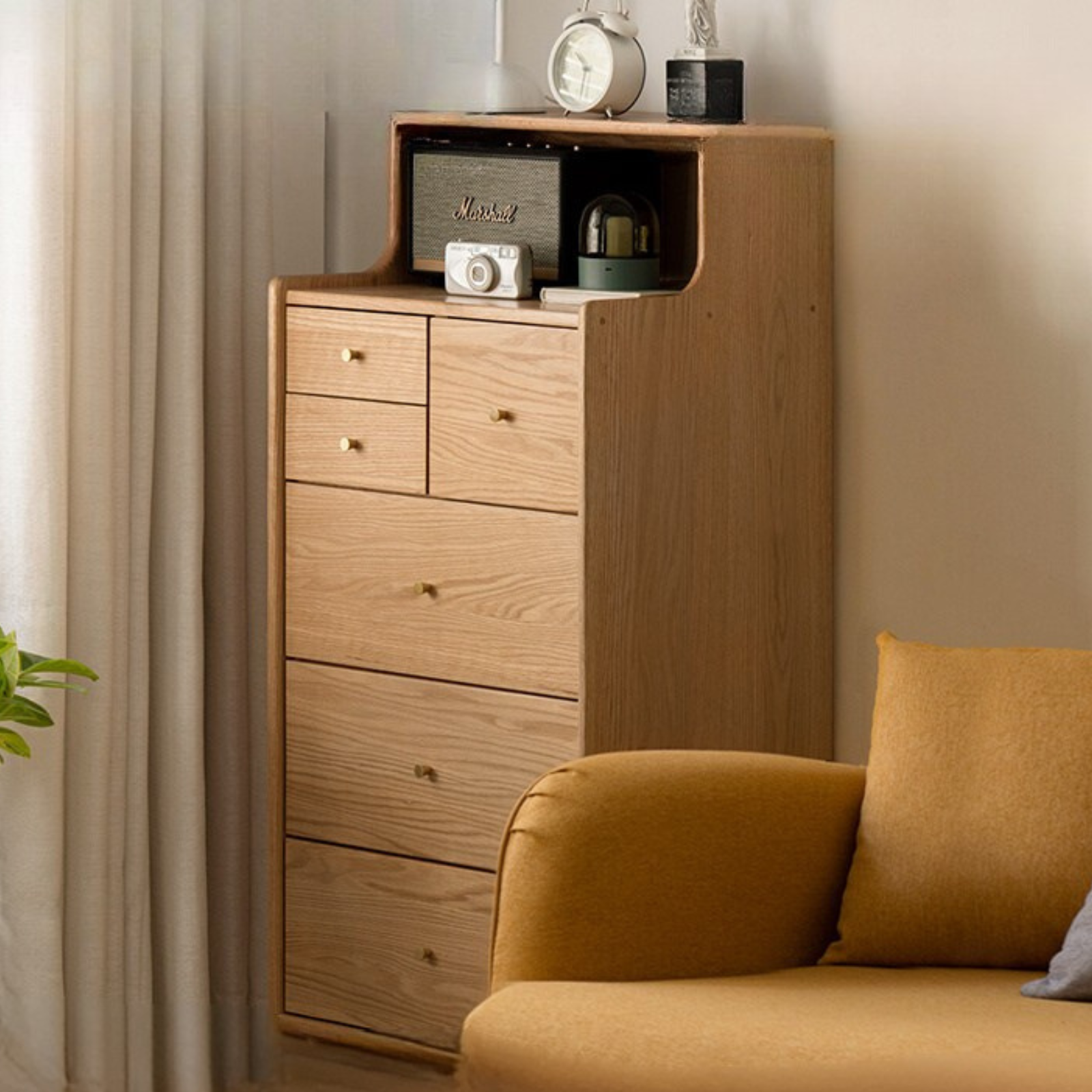 Oak Solid Wood Side Cabinet, Six-Drawer Chest.