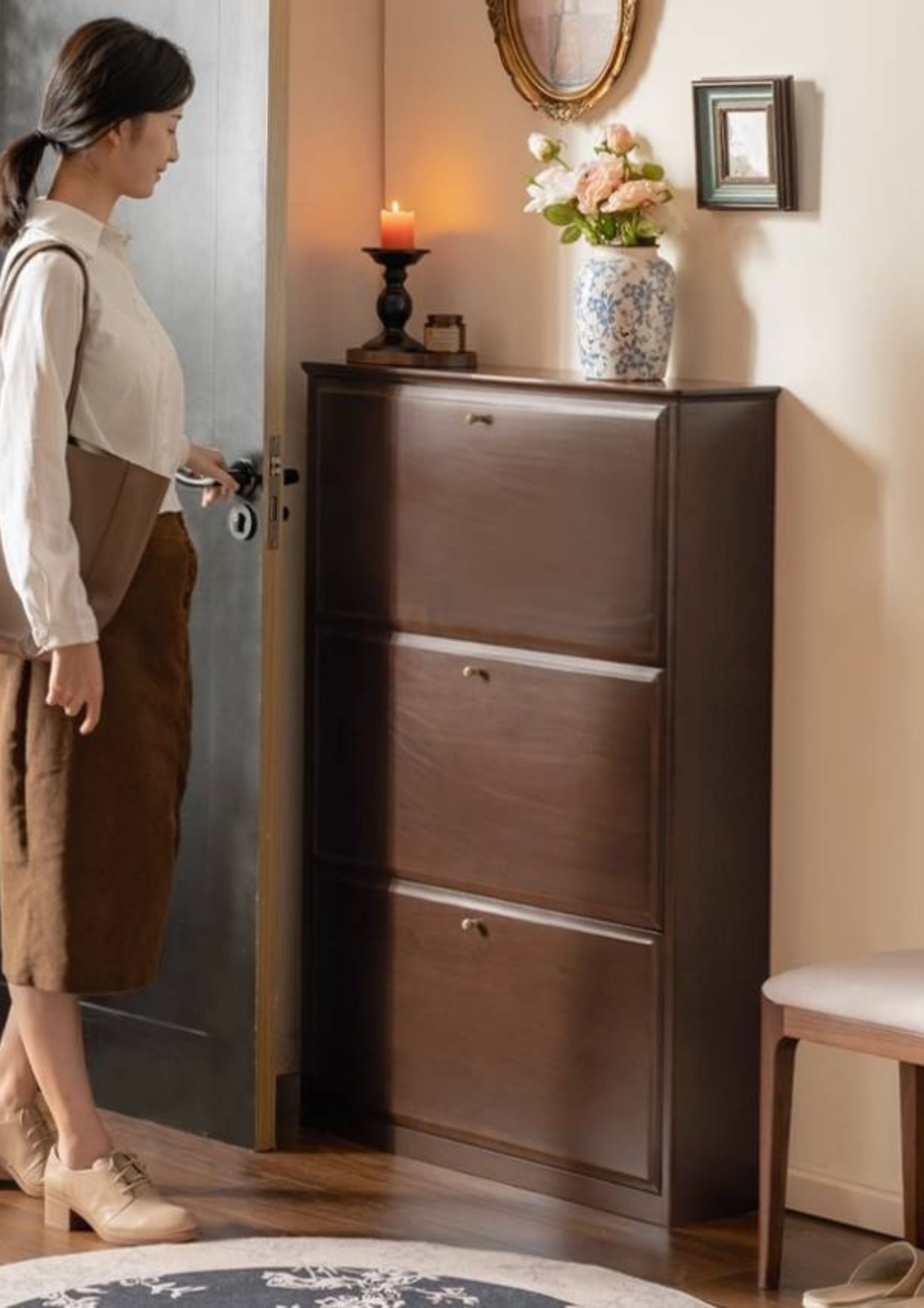 Poplar, Solid Rubber Wood Retro Narrow Shoe Cabinet