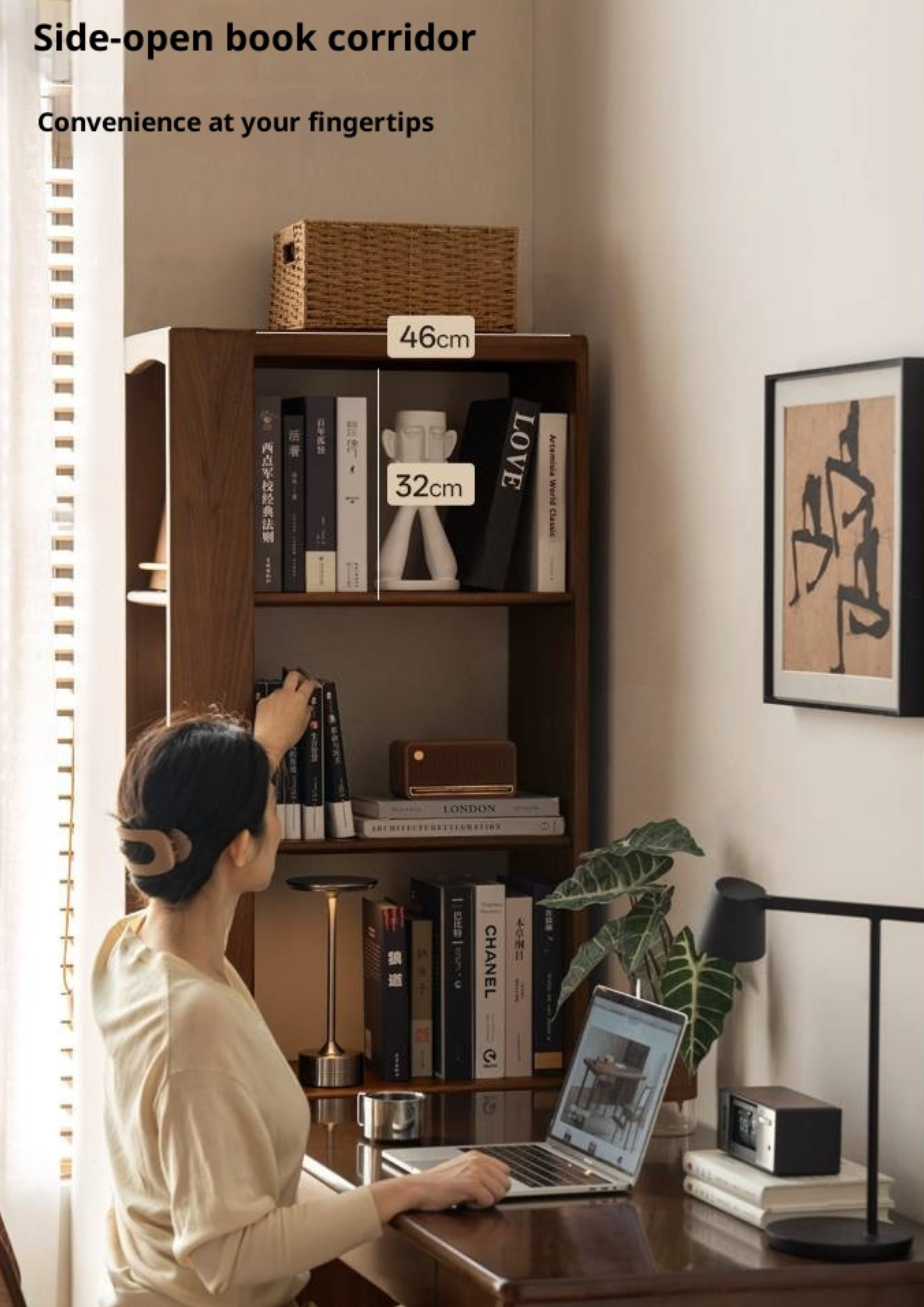Black Walnut, Oak Solid Wood Narrow Bookcase