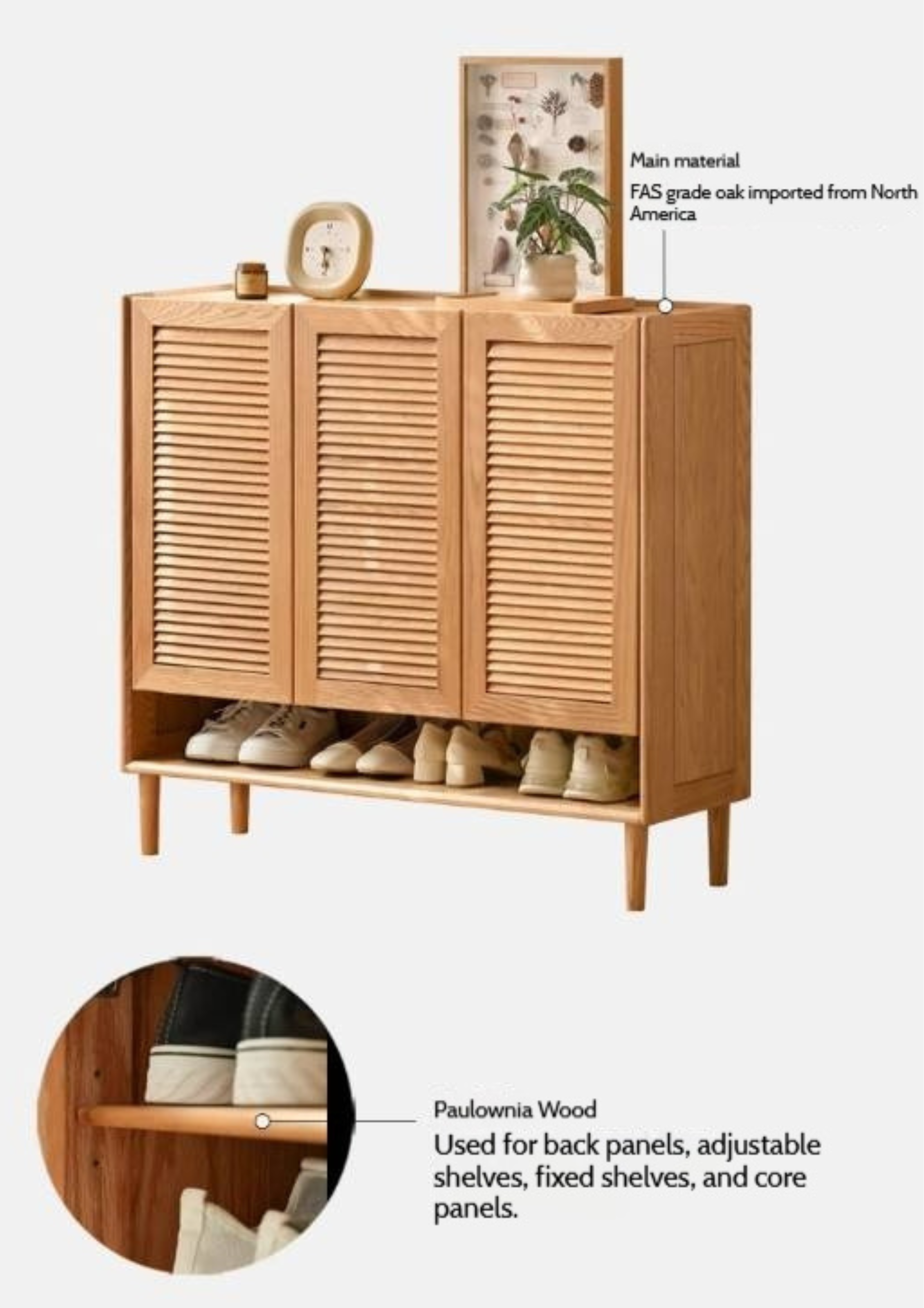 Oak, Solid Rubber Wood Modern Shoe Cabinet