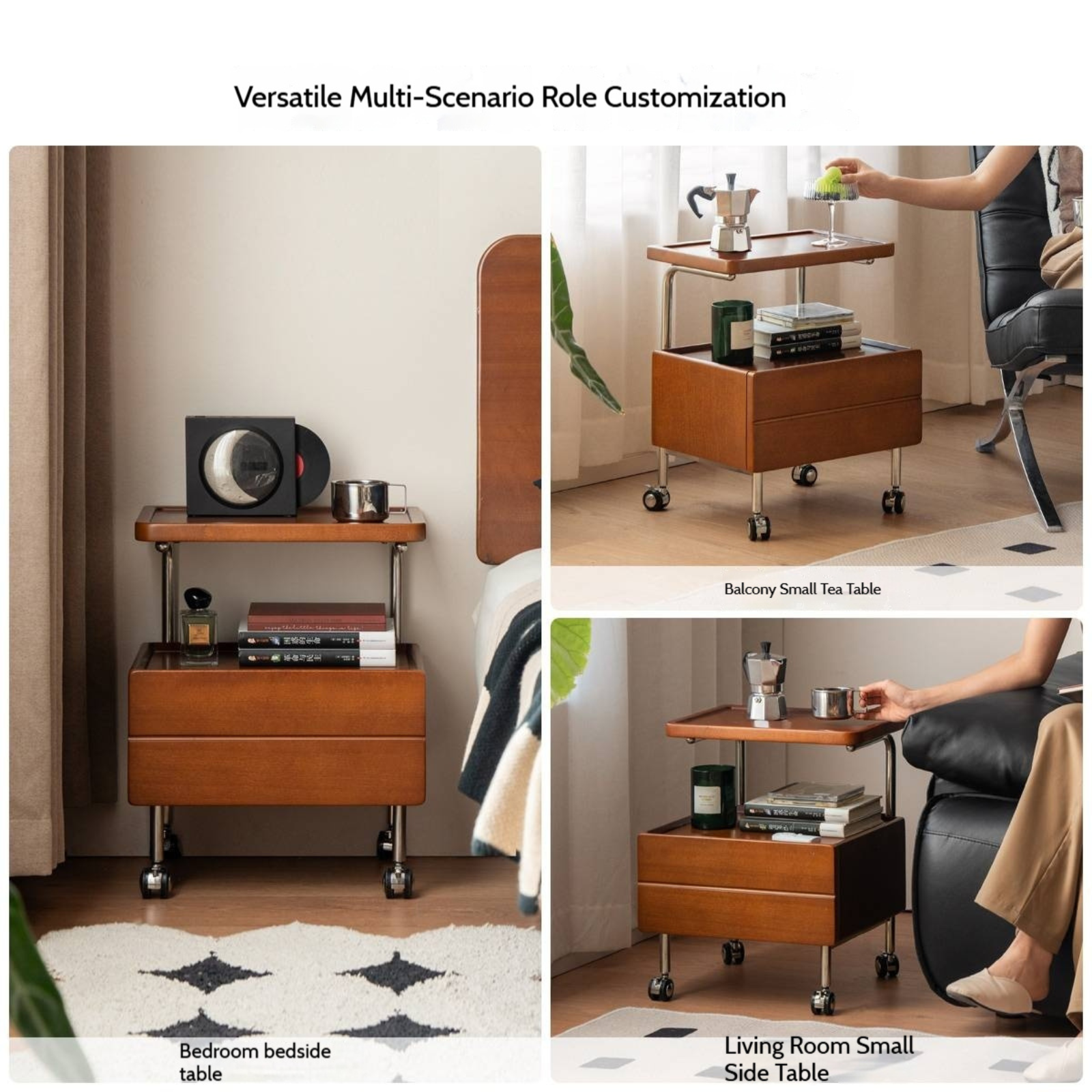 Poplar Solid Wood Vintage Style Mobile Nightstand