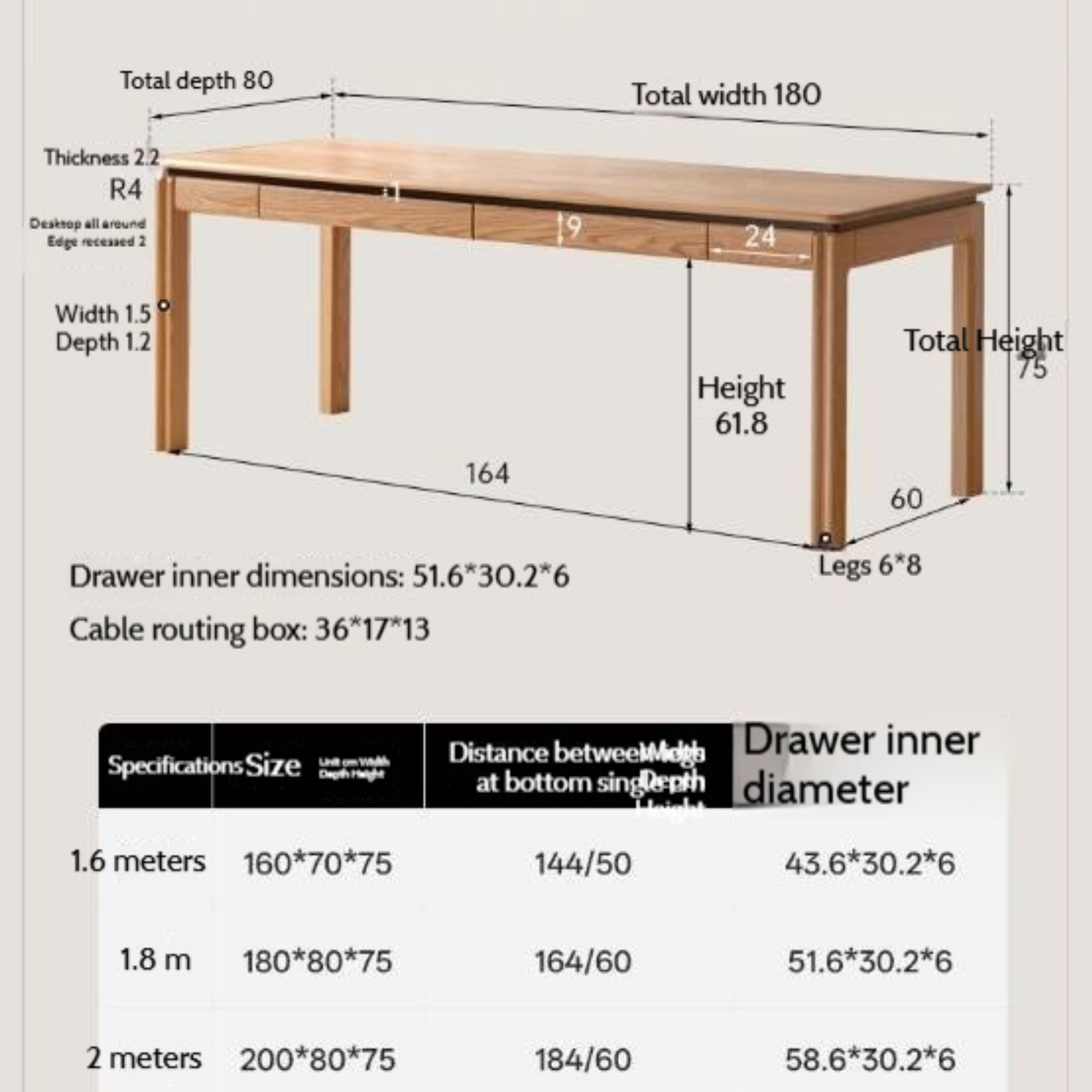 Oak, Ash Solid Wood Modern Minimalist Office Desk with Drawers