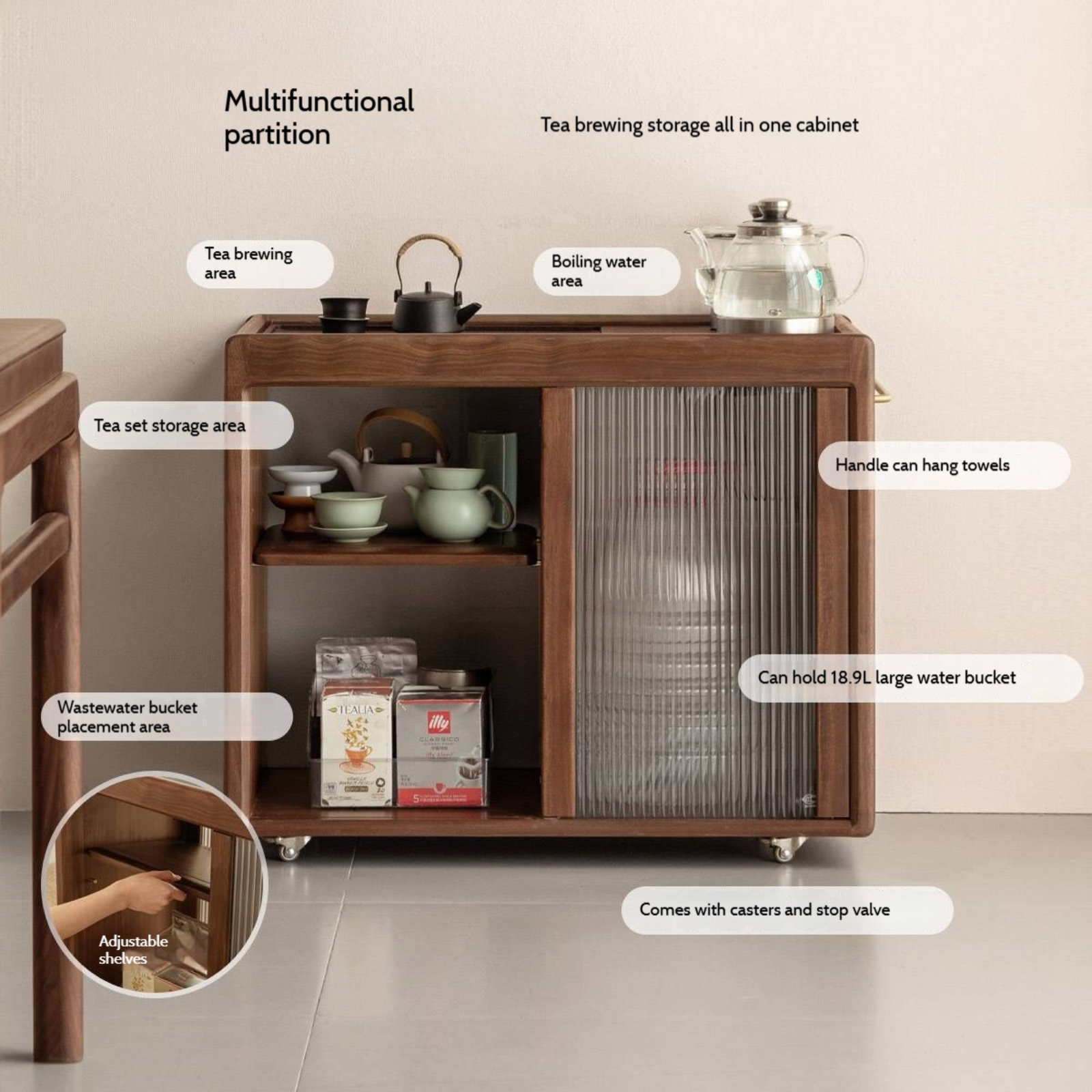 Black Walnut Solid Wood Tea Bar Integrated Side Cabinet