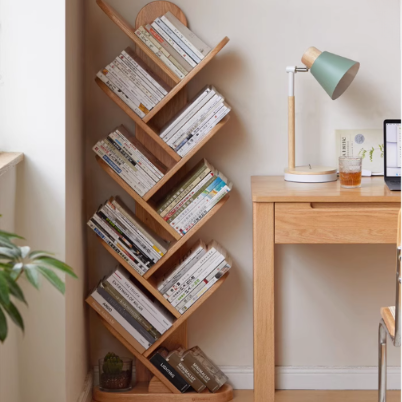 Oak, Cherry, Solid Rubberwood Multi-Layer Creative Corner Bookshelf