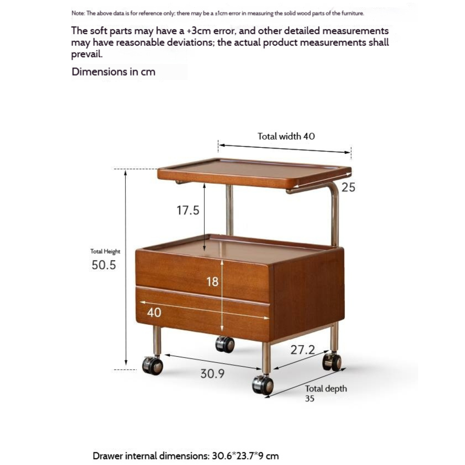 Poplar Solid Wood Vintage Style Mobile Nightstand